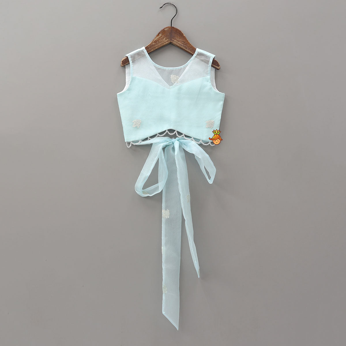 Organza Crop Top And Lehenga With Bow Hair Clip