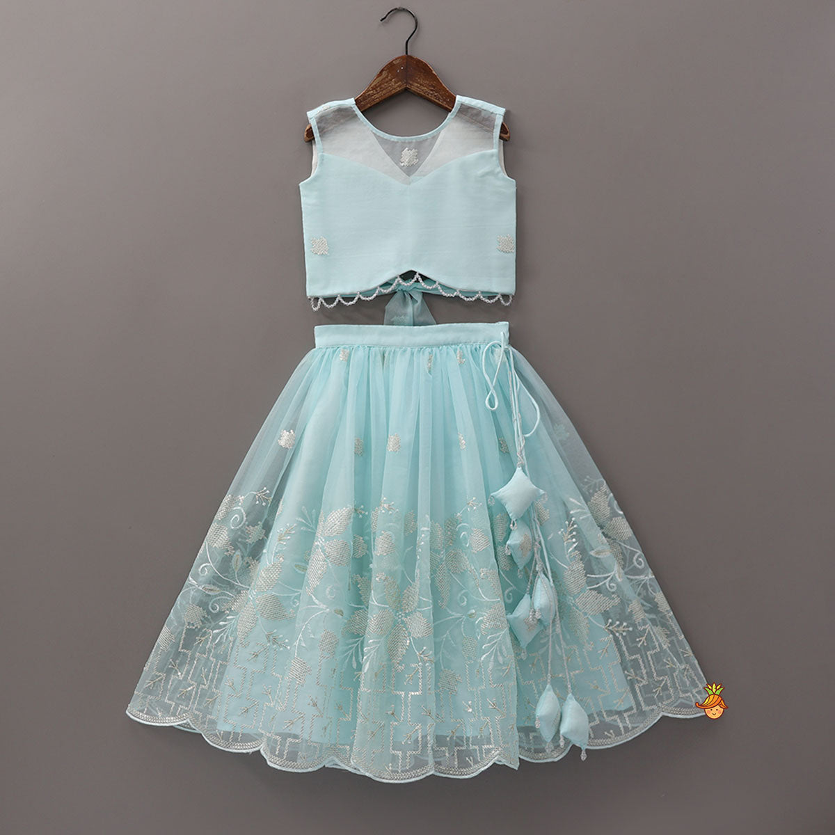 Organza Crop Top And Lehenga With Bow Hair Clip