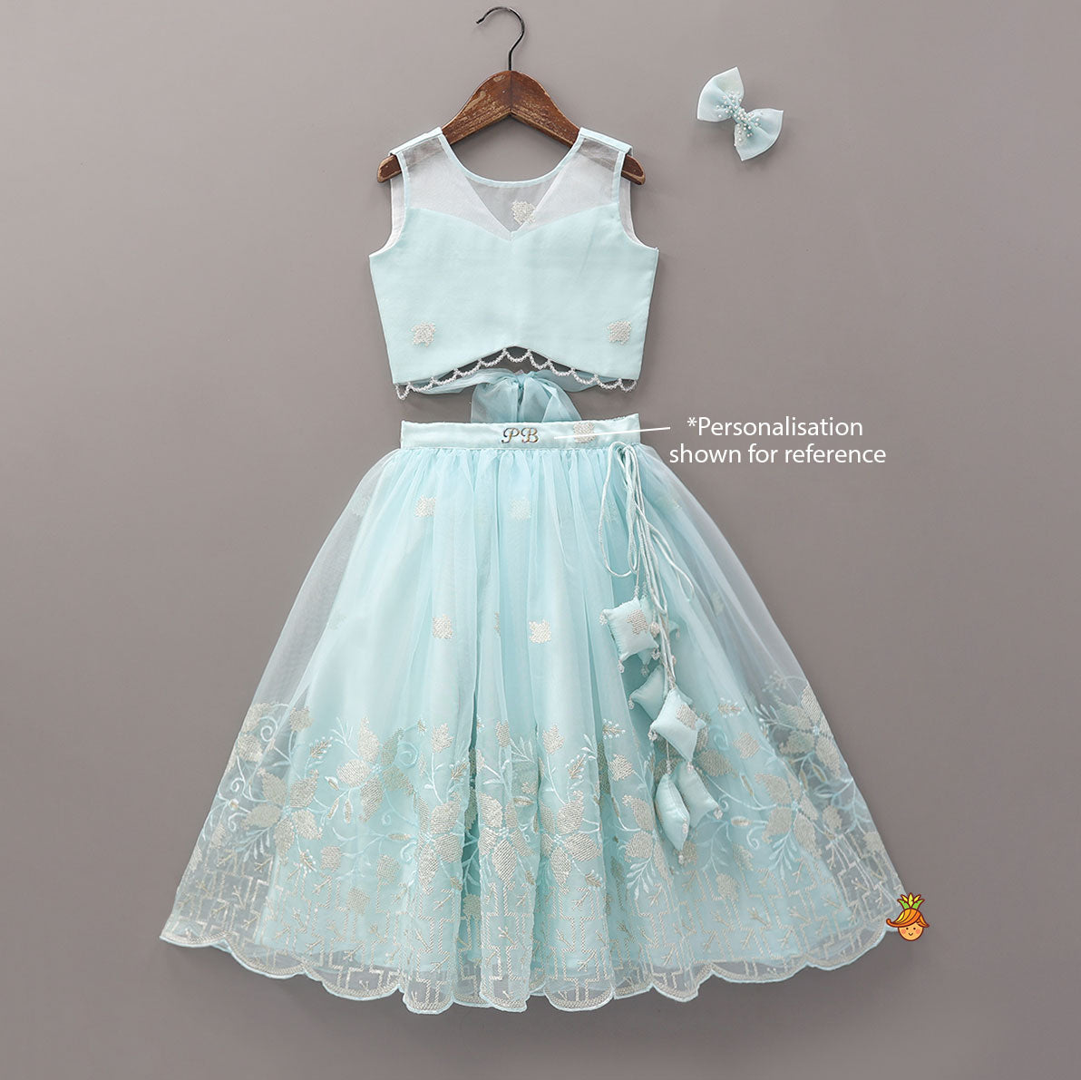 Organza Crop Top And Lehenga With Bow Hair Clip