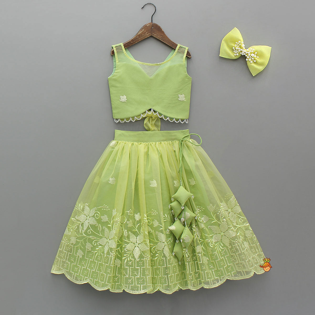 Organza Top And Lehenga With Bow Hair Clip