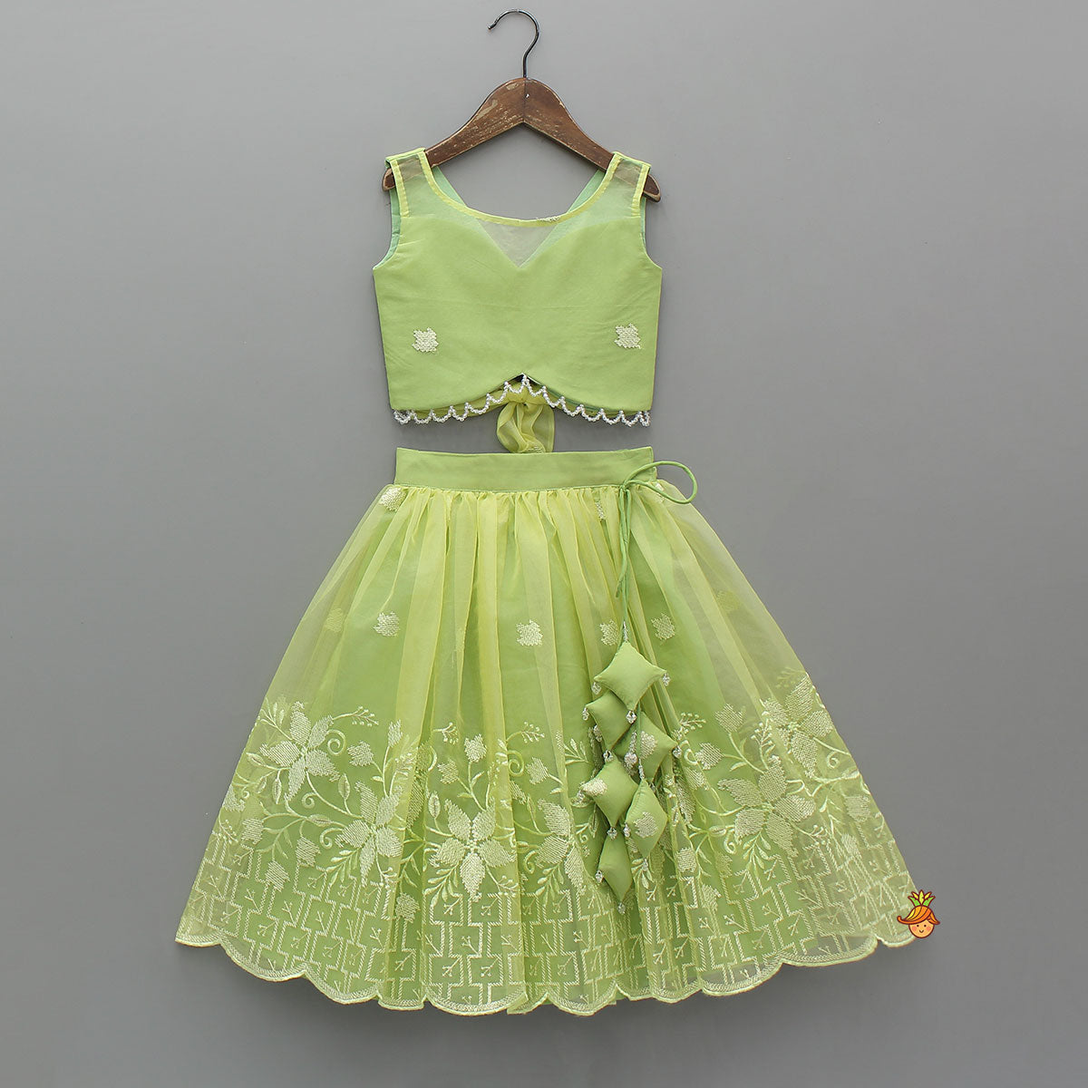 Organza Top And Lehenga With Bow Hair Clip