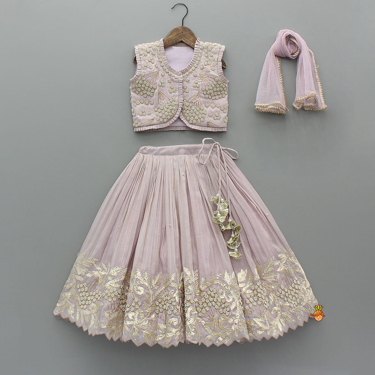 Embroidered Stylish Hem Shimmery Top And Pleated Lehenga With Net Dupatta