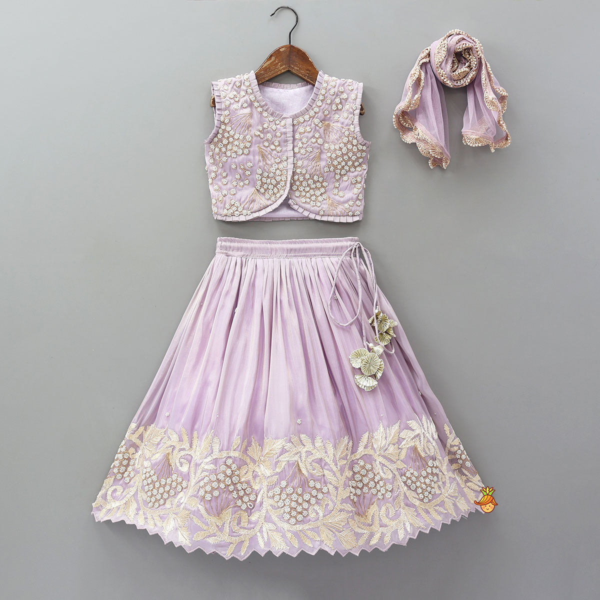 Embroidered Stylish Hem Shimmery Top And Pleated Lehenga With Net Dupatta