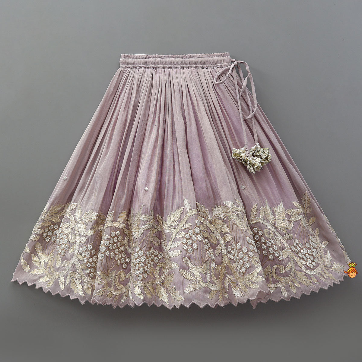Embroidered Stylish Hem Shimmery Top And Pleated Lehenga With Net Dupatta