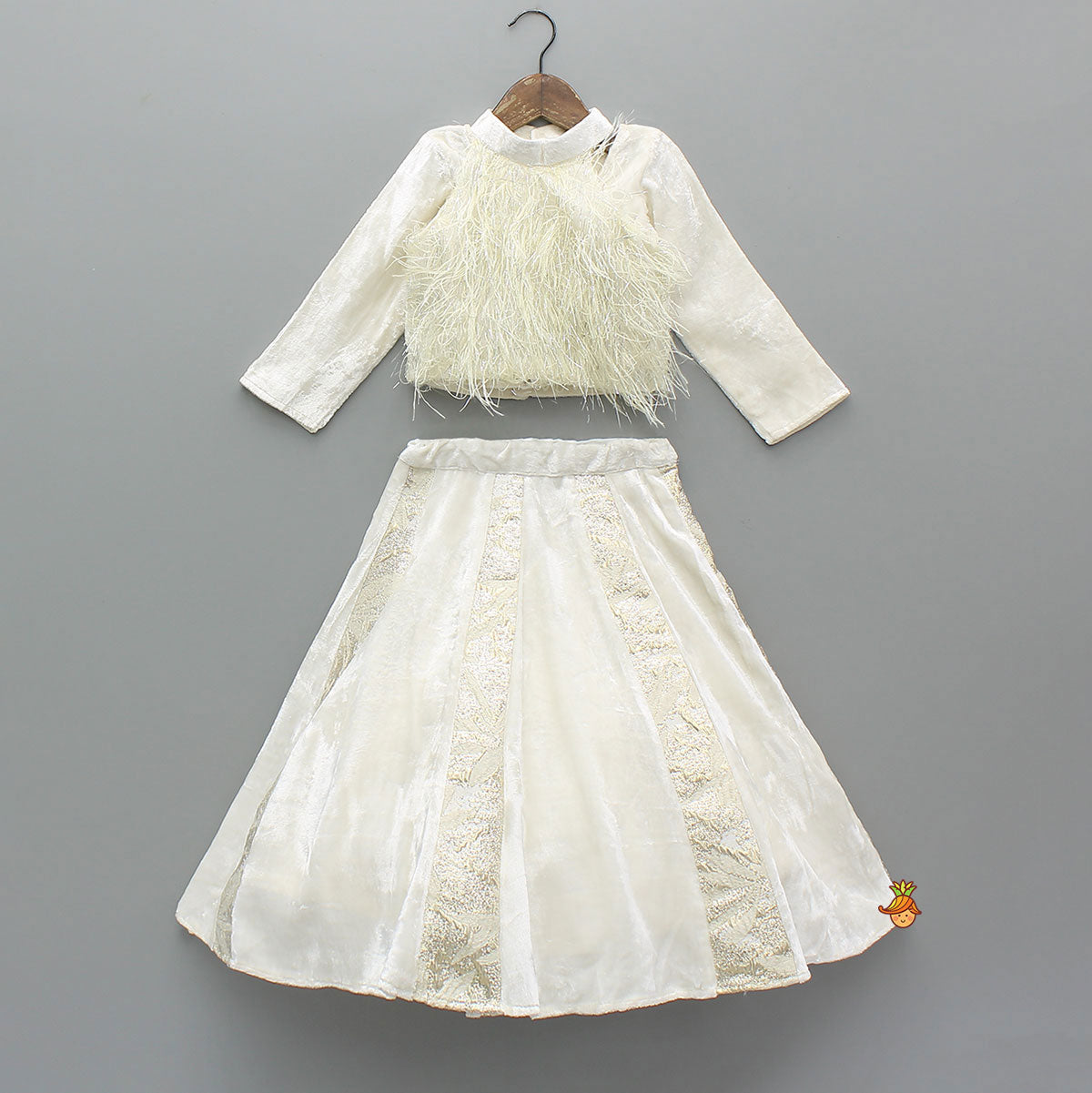 Velvet Inner Top With Halter Neck Fur Top  And Gorgeous Dual-Tone Panelled Lehenga