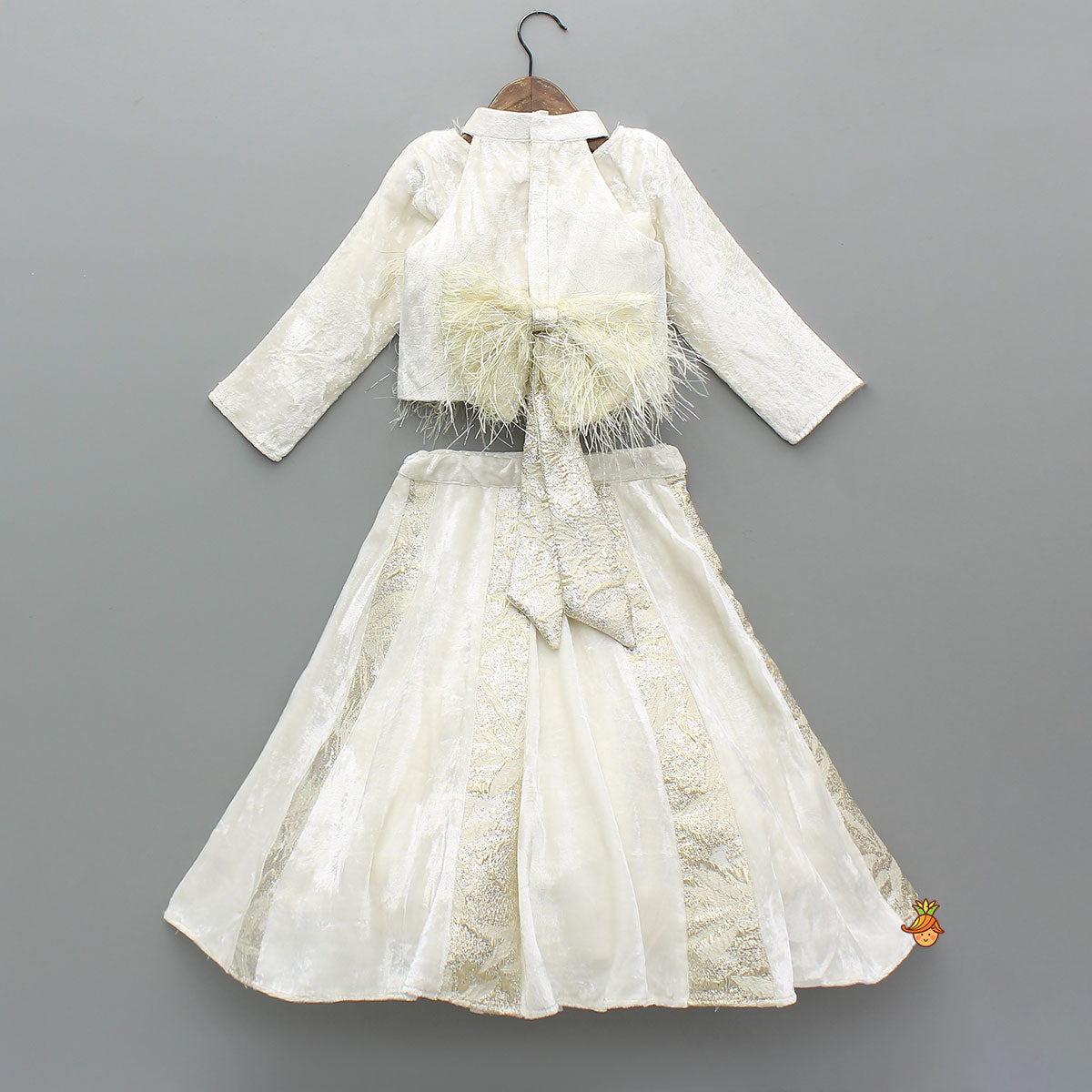 Velvet Inner Top With Halter Neck Fur Top  And Gorgeous Dual-Tone Panelled Lehenga