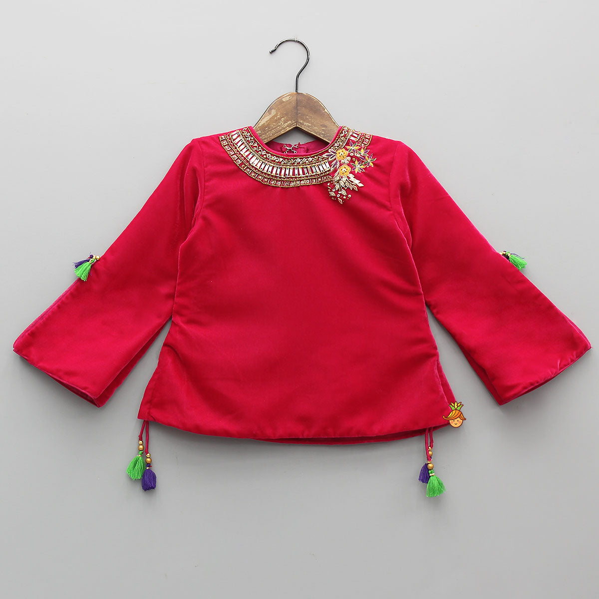 Contrasting Fringes Detailed Velvet Top With Sharara