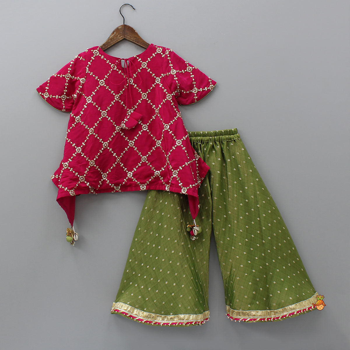 High-Low Checked Embroidered Top With Palazzo