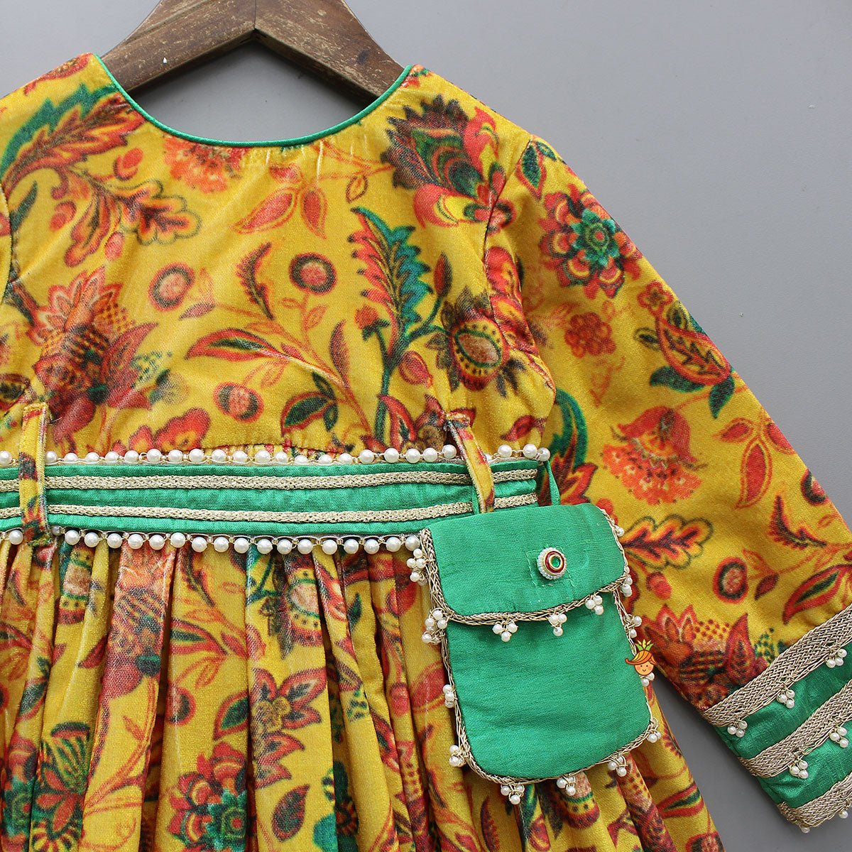 Printed Velvet Anarkali With Embroidered Pouch And Matching Hairband