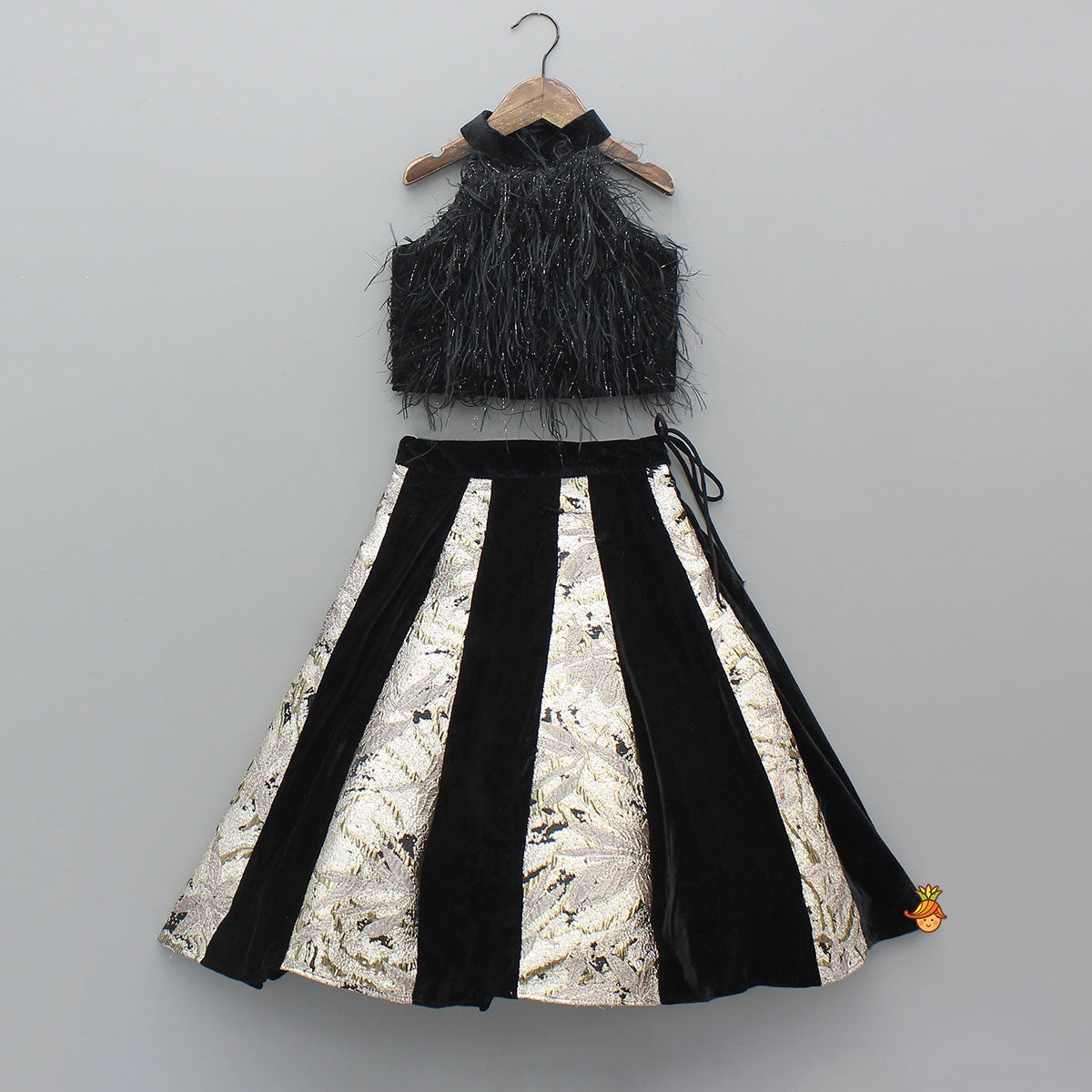 Halter Neck Fur Top And Gorgeous Dual-Tone Panelled Lehenga