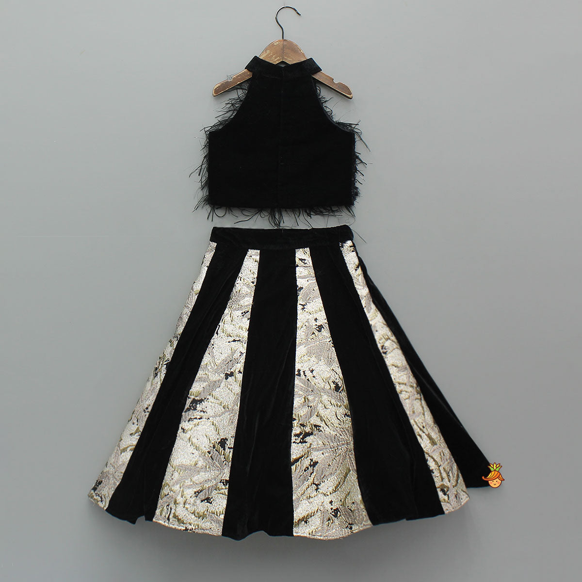 Halter Neck Fur Top And Gorgeous Dual-Tone Panelled Lehenga