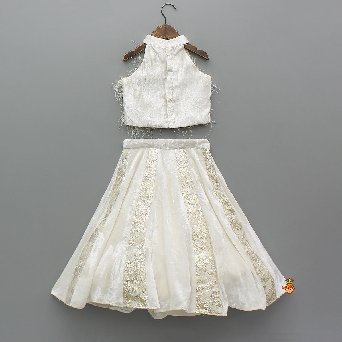 Halter Neck Fur Top And Gorgeous Panelled Lehenga