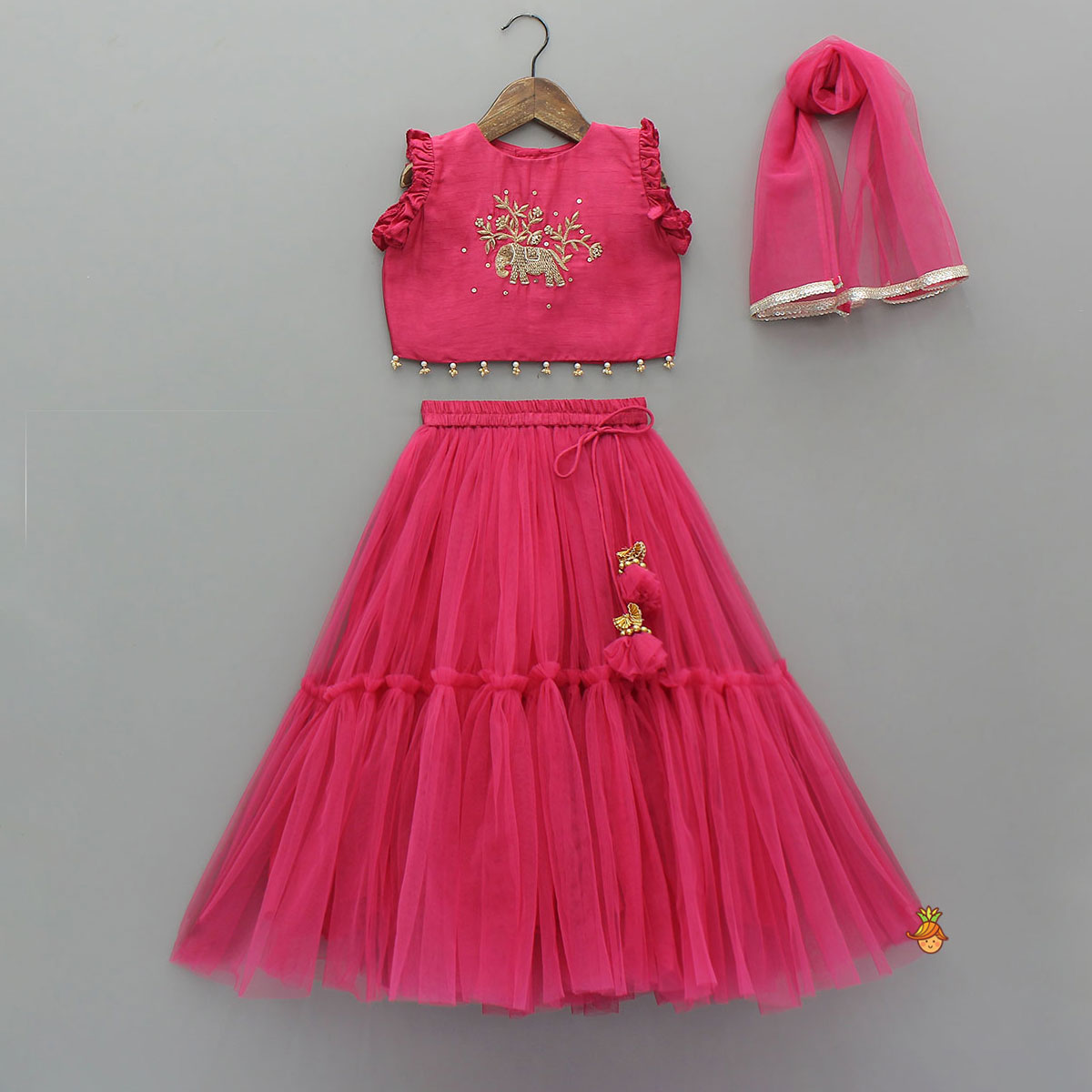 Animal Motif Embroidered Top And Net Lehenga With Matching Dupatta