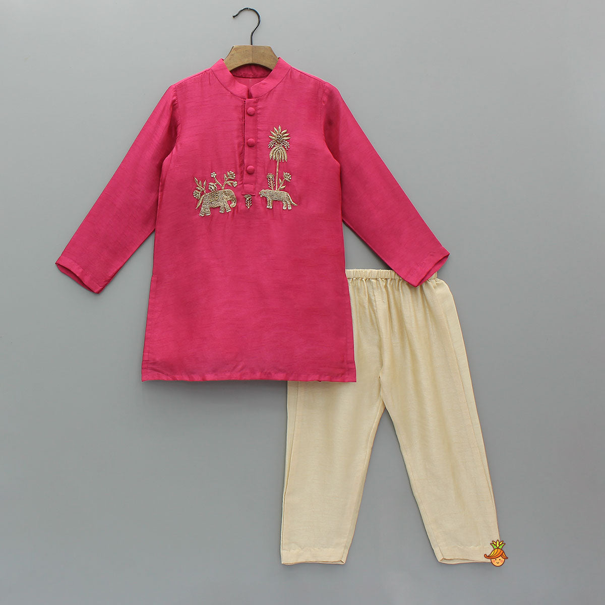 Animal Motif Embroidered Silk Kurta With Pyjama