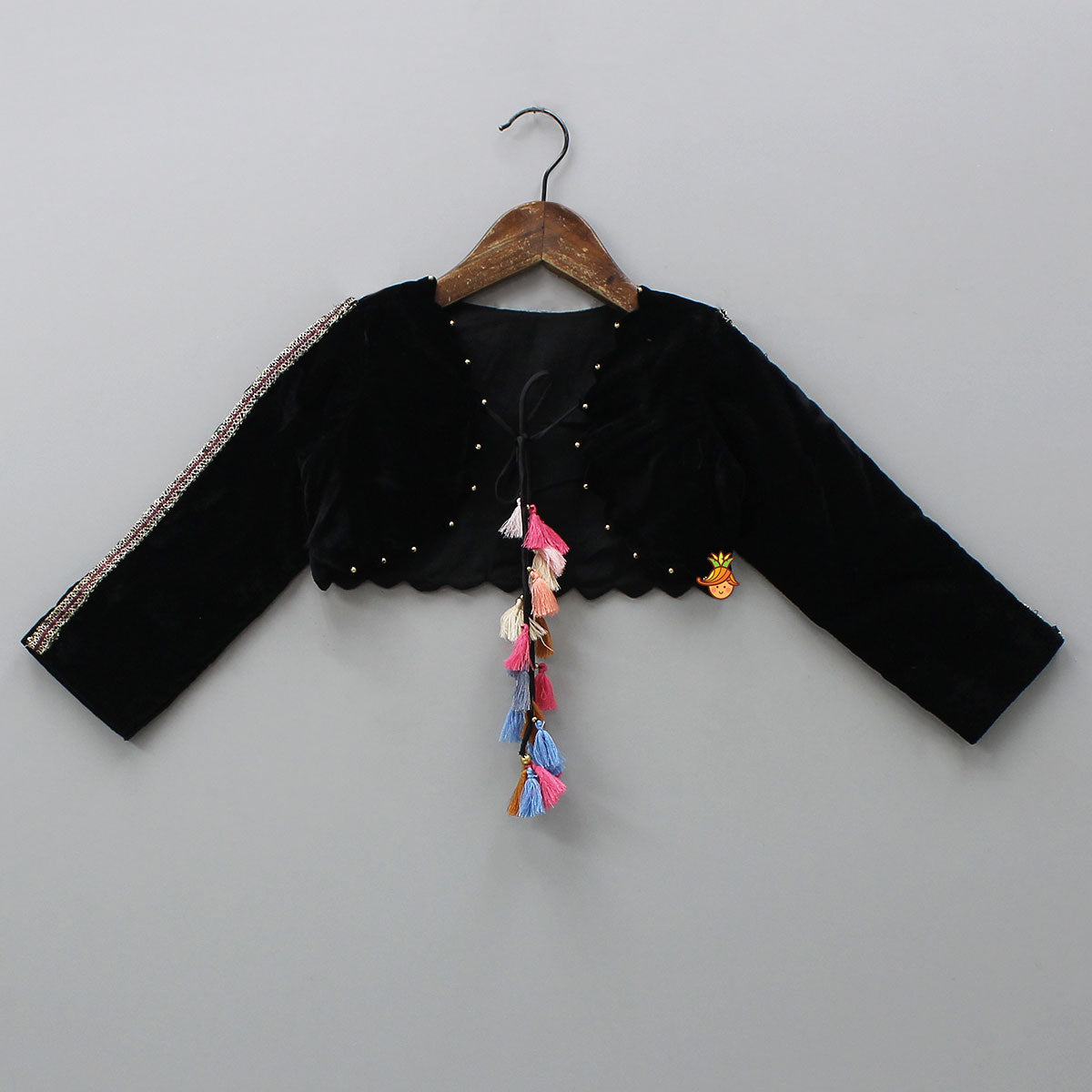 Contrasting Tassel-Enhanced Kurti With Velvet Jacket And Pant