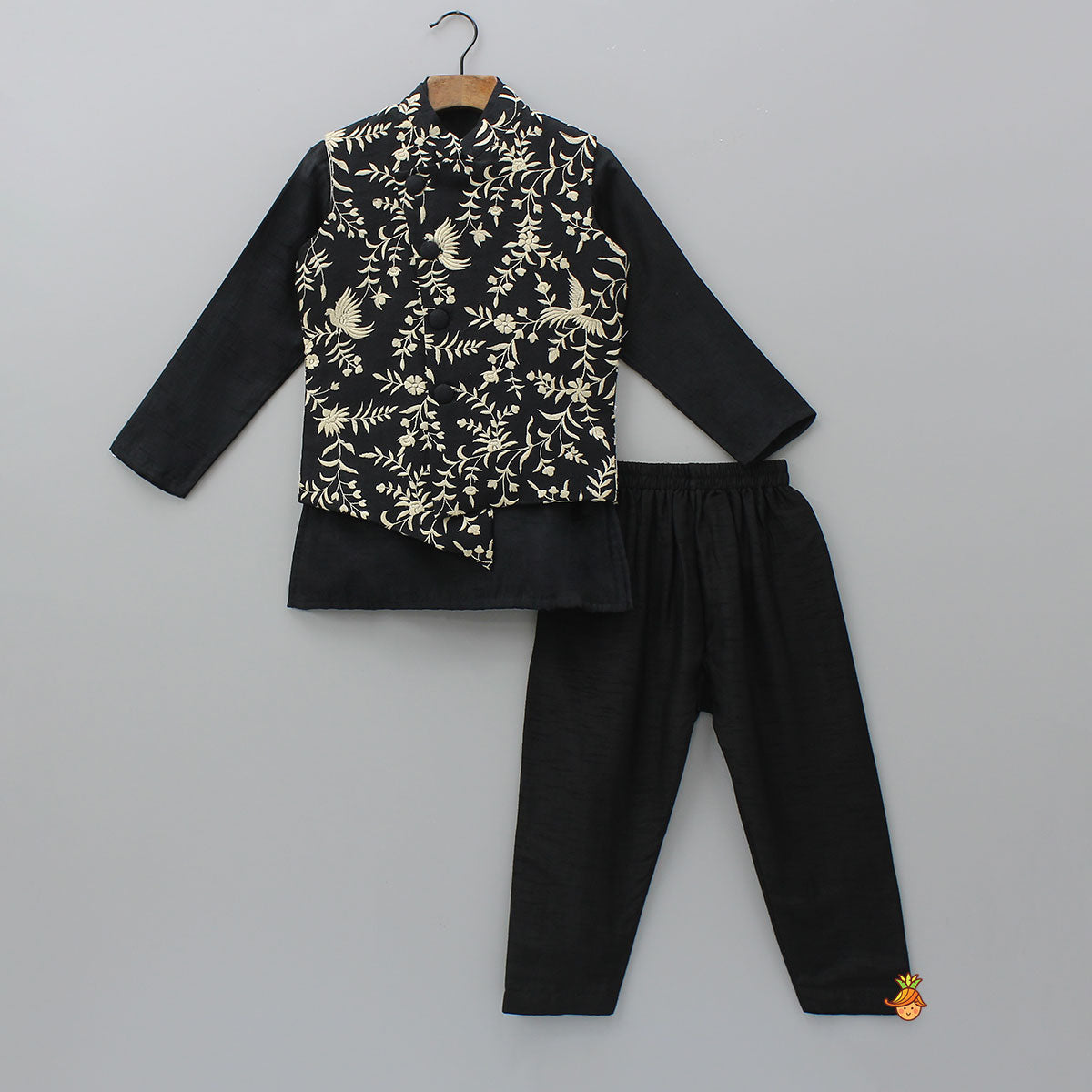 Silk Ethnic Kurta With Asymmetric Front-Open Jacket And Pyjama