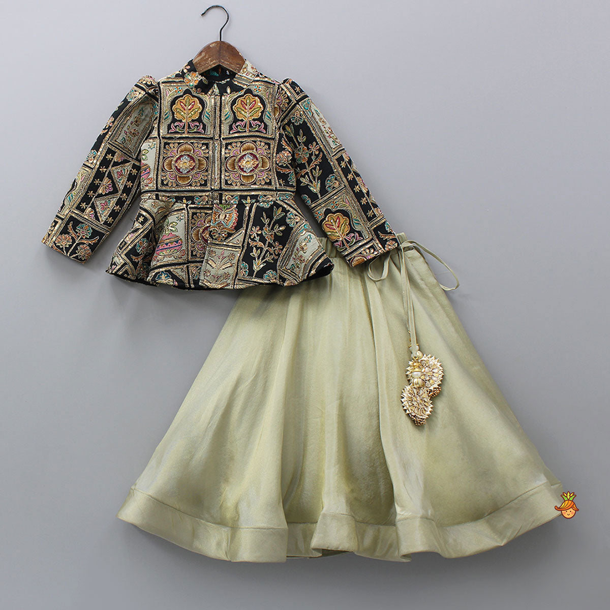 Ethnic Floral Printed And Embroidered Peplum Top With Lehenga