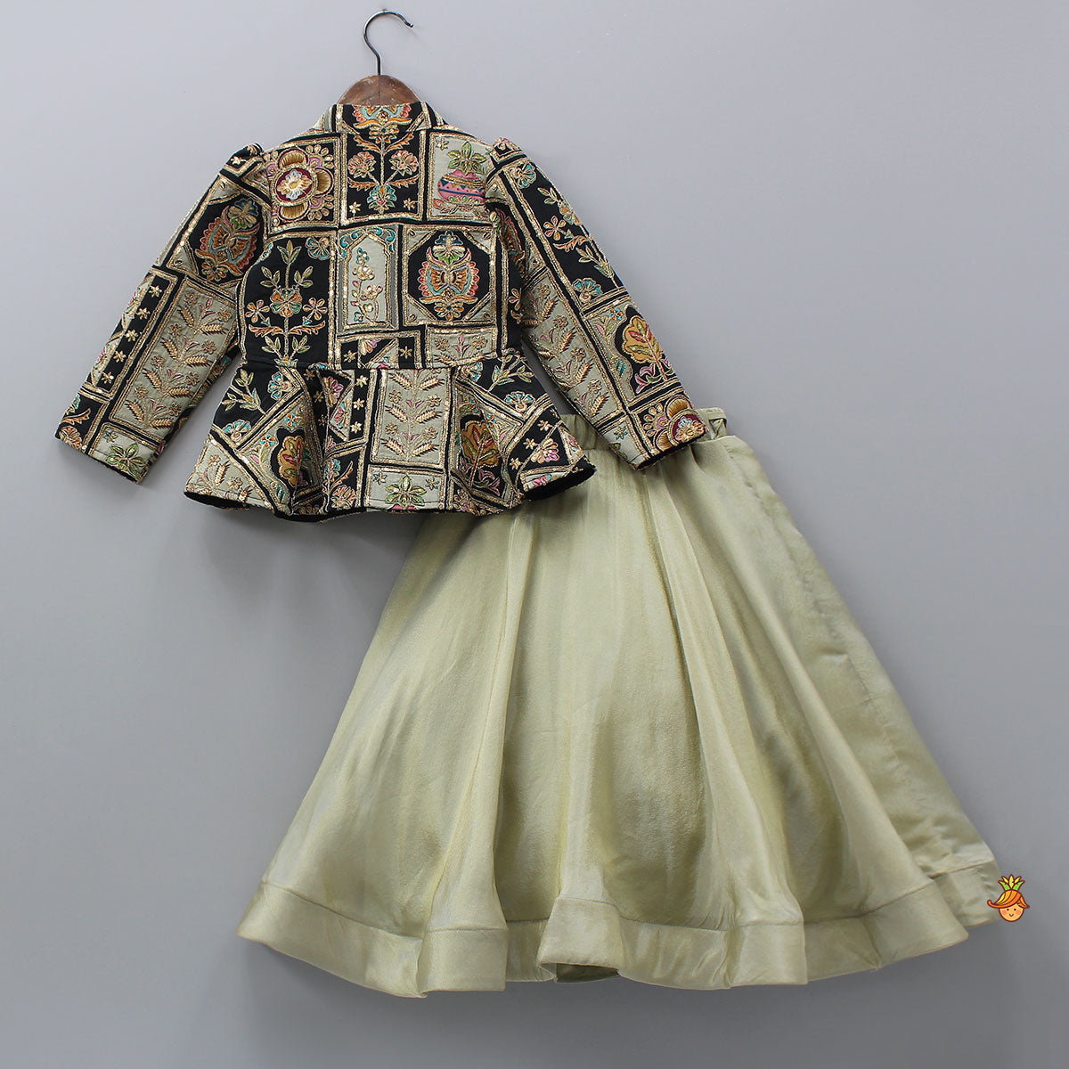 Ethnic Floral Printed And Embroidered Peplum Top With Lehenga