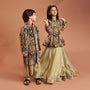 Ethnic Floral Printed And Embroidered Peplum Top With Lehenga twinning model image 2