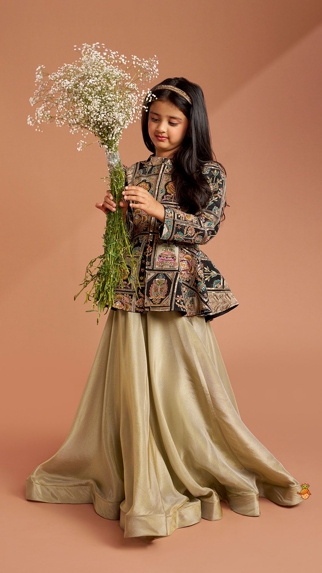 Ethnic Floral Printed And Embroidered Peplum Top With Lehenga