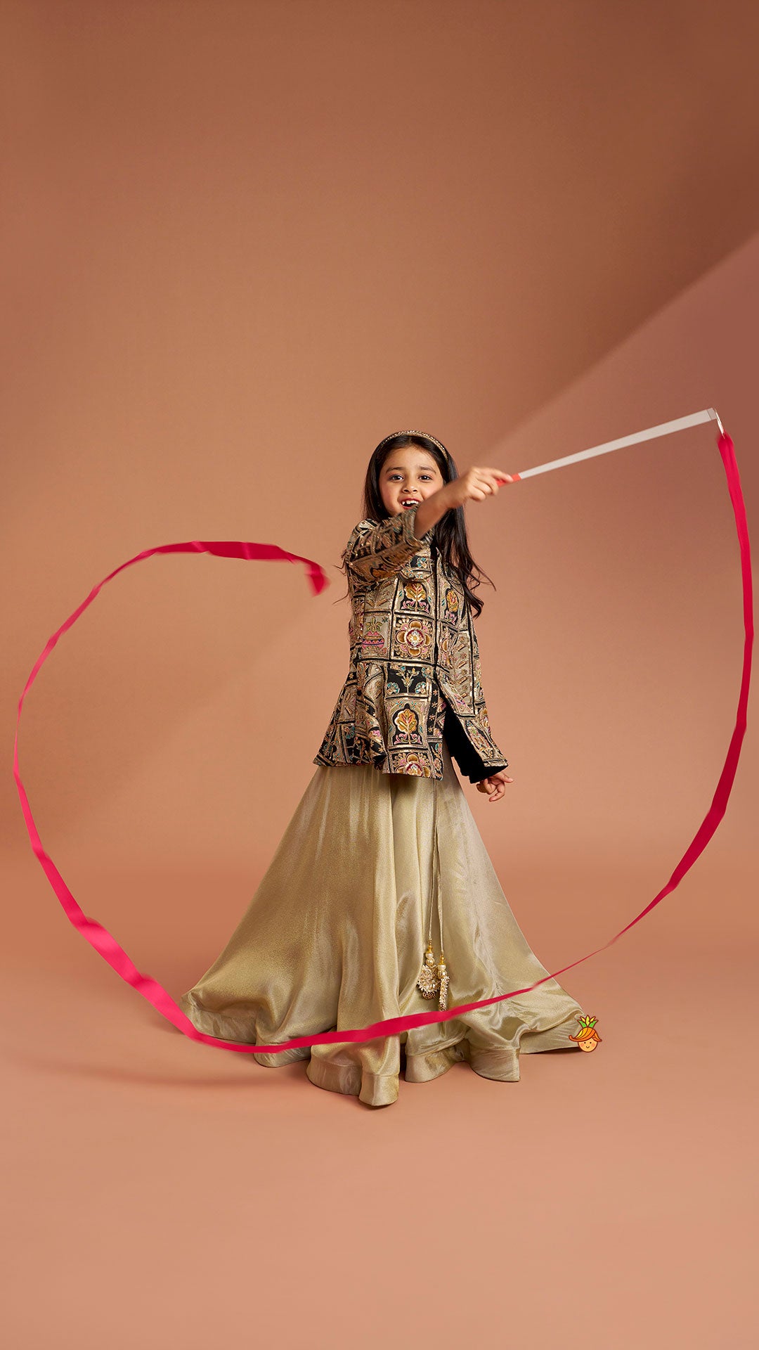 Ethnic Floral Printed And Embroidered Peplum Top With Lehenga