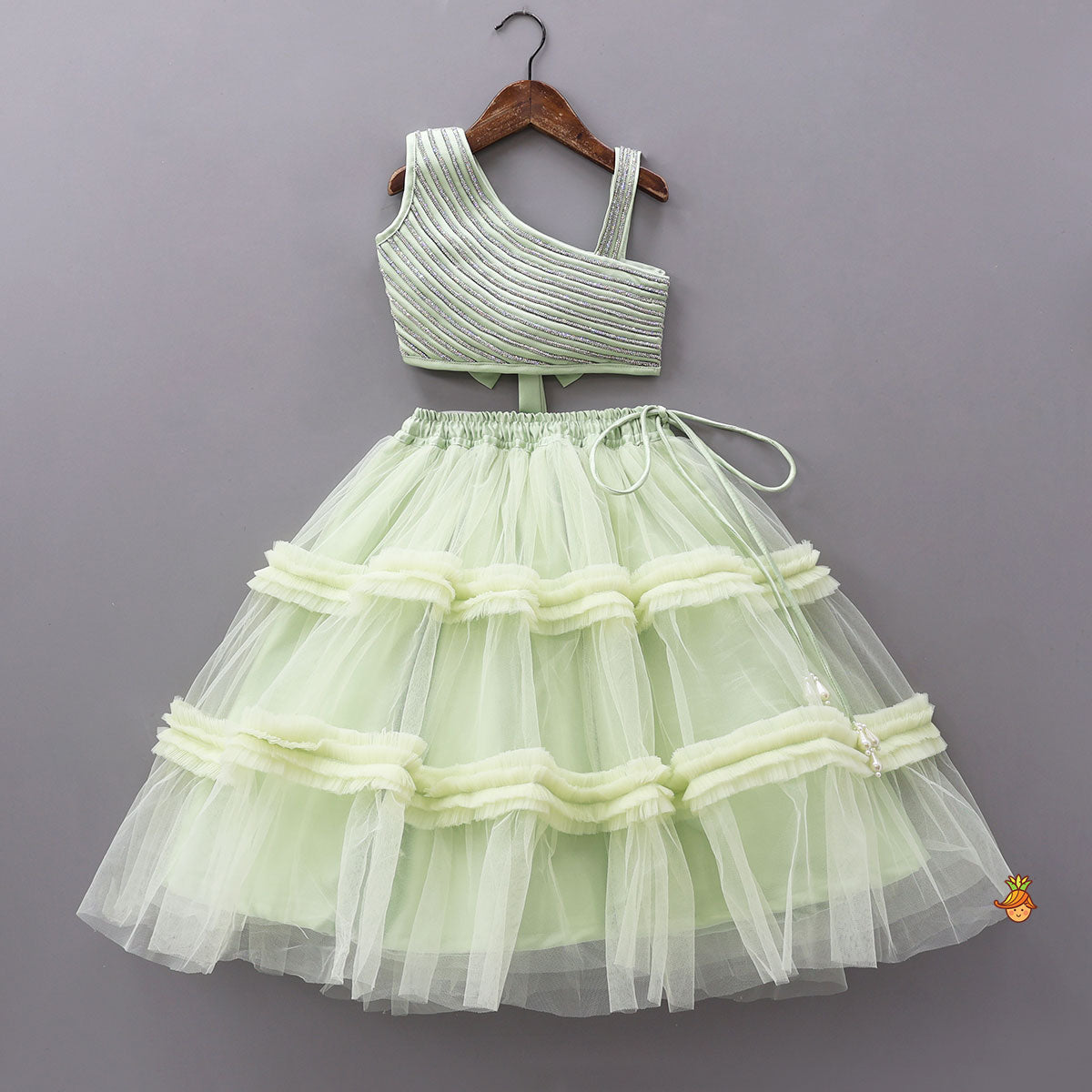 Shiny Lace Work One Shoulder Top And Ruffle Lehenga