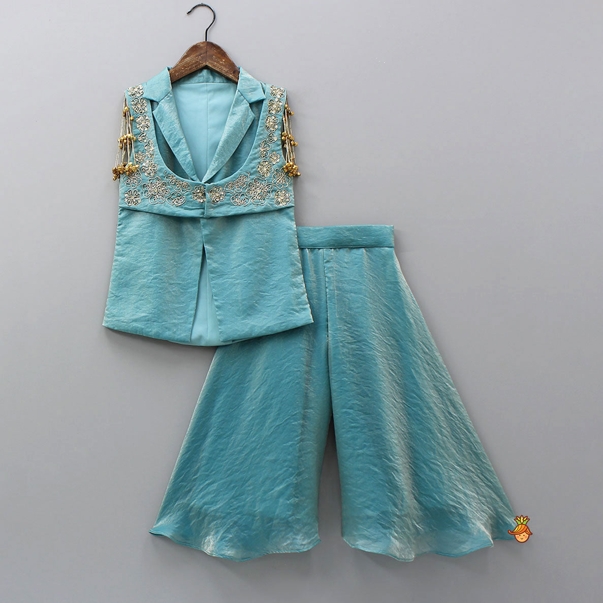 Notched Collar Jacket-Style Sheen Kurti And Palazzo