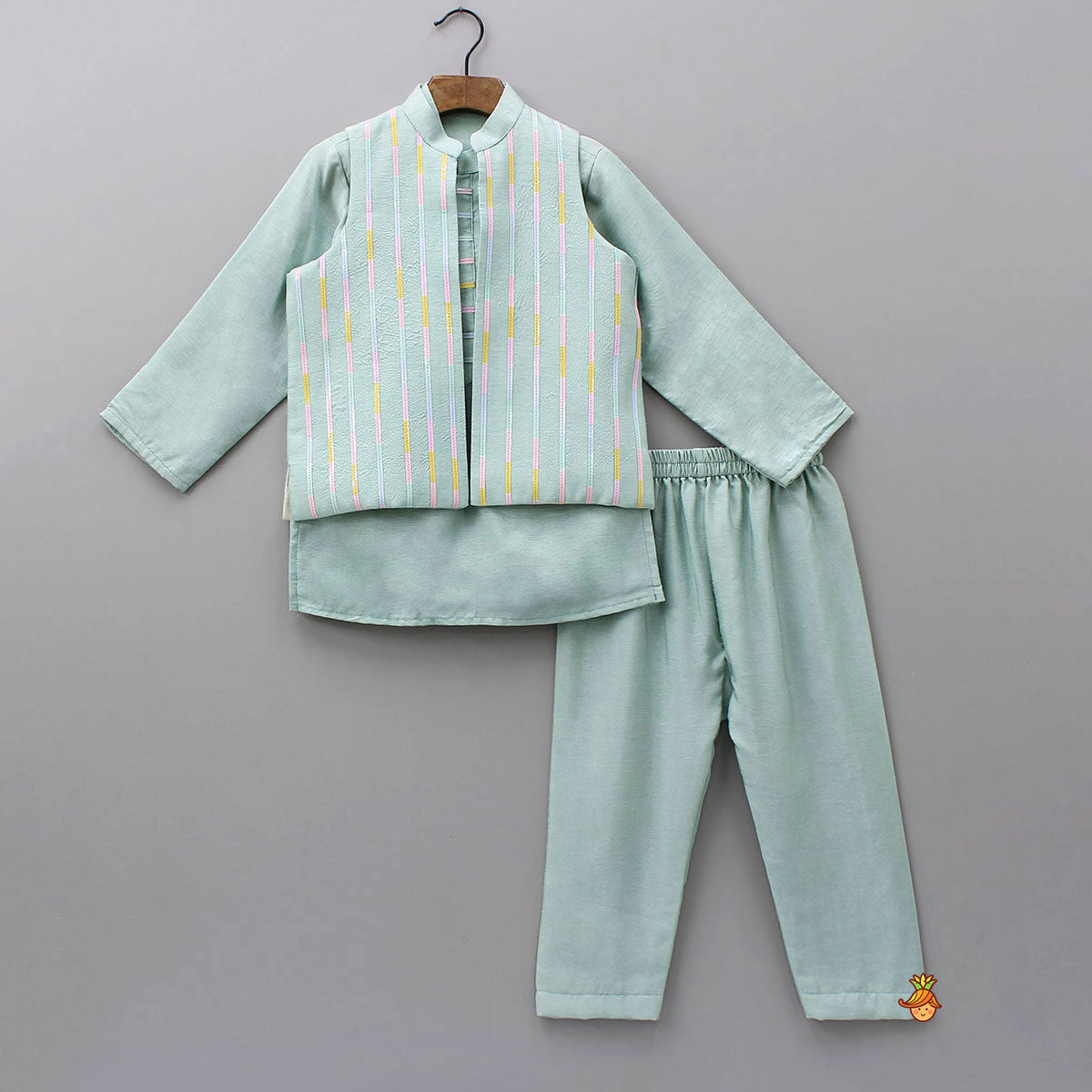 Ethnic Kurta With Lace Work Jacket And Pyjama