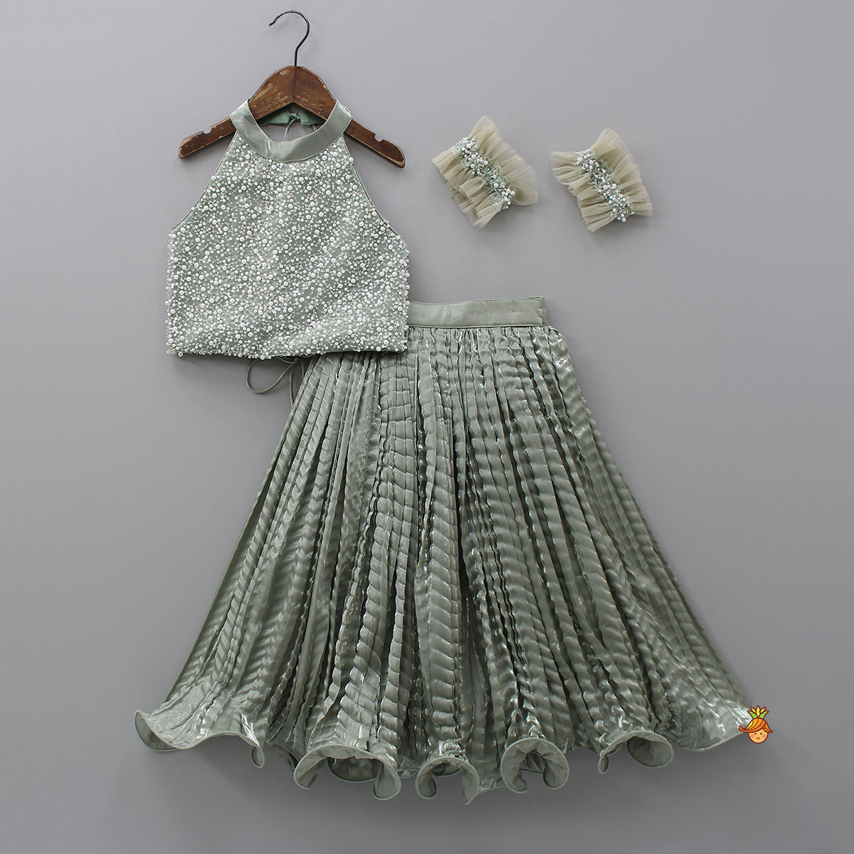 Gorgeous Open-Back Top And Crushed Lehenga With Wrist Cuff