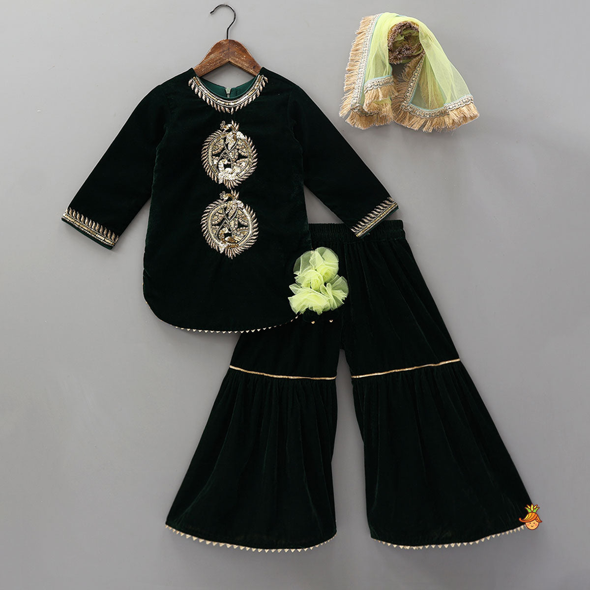 Embroidered Velvet Kurti And Sharara With Contrasting Dupatta