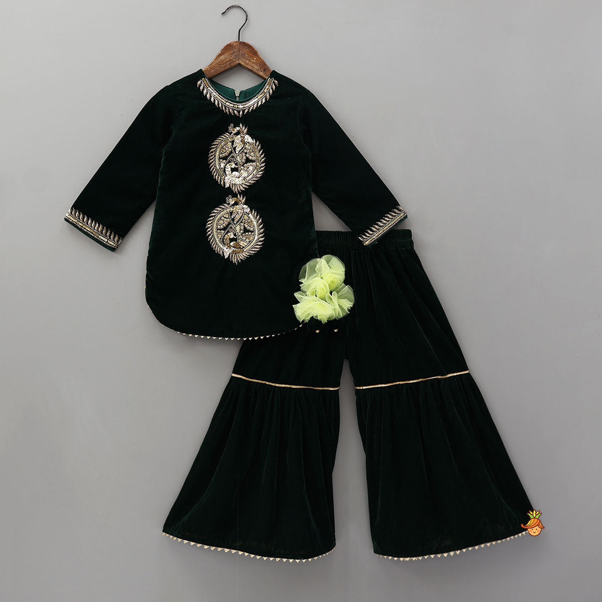 Embroidered Velvet Kurti And Sharara With Contrasting Dupatta