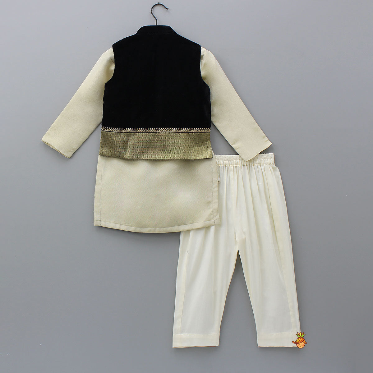 Shimmery Stylish Cut Hem Kurta With Velvet Jacket And Pyjama