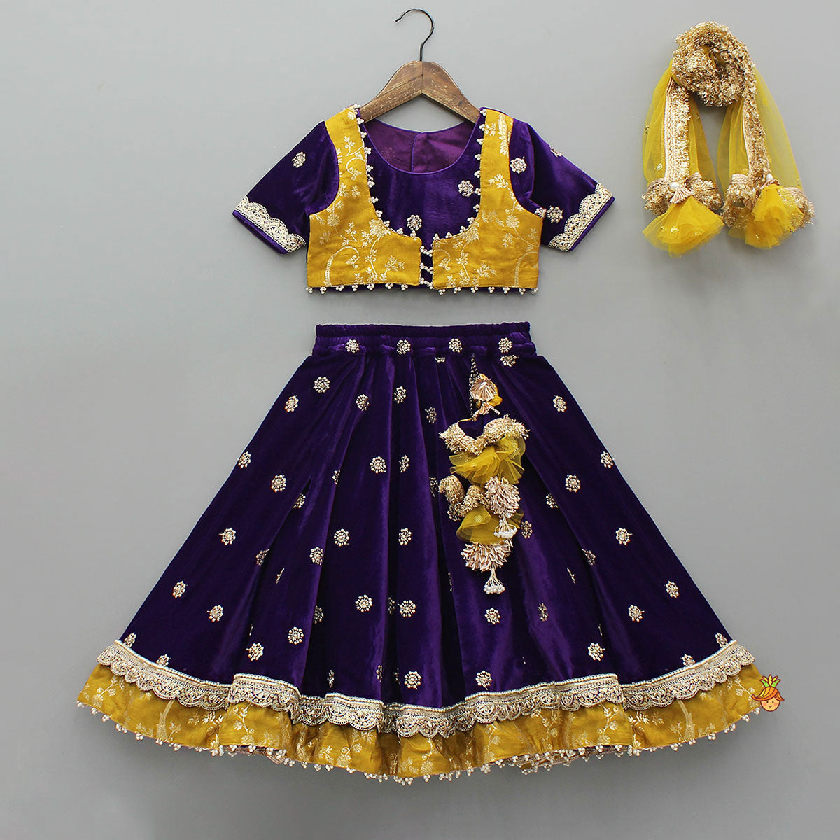 Stunning Velvet Jacket-Style Top With Embroidered Lehenga And Dupatta