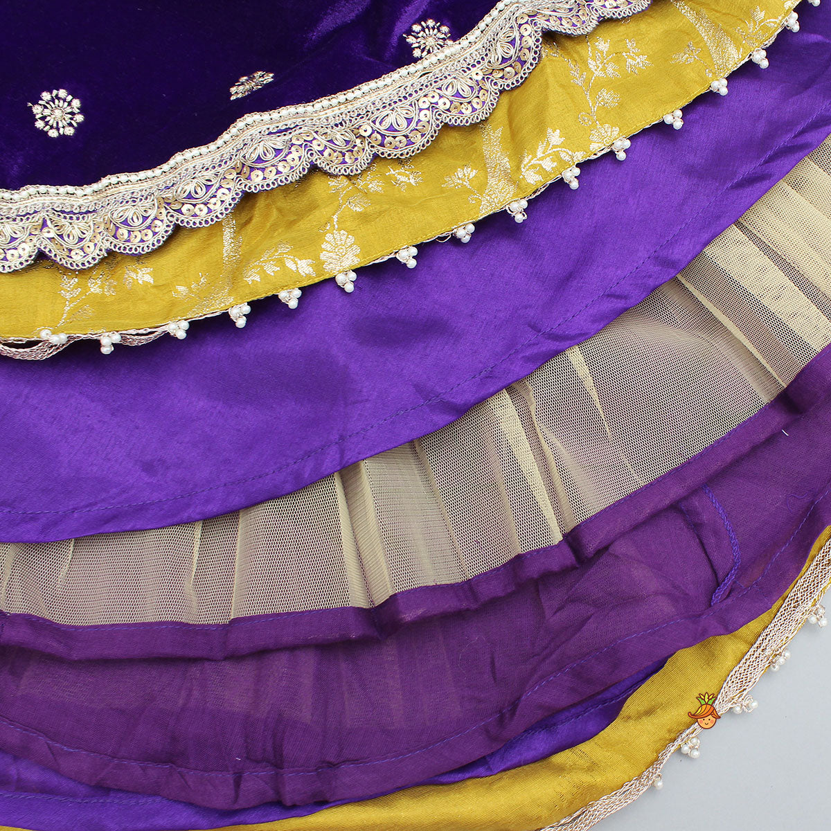 Stunning Velvet Jacket-Style Top With Embroidered Lehenga And Dupatta