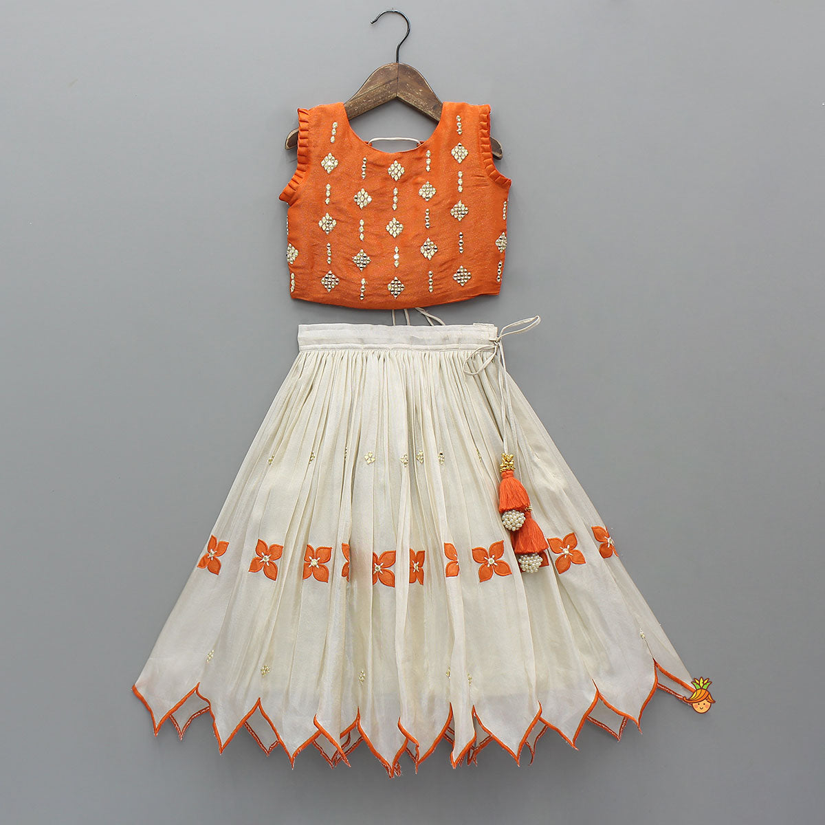 Shimmery Mirror Work Top With Floral Applique Lehenga