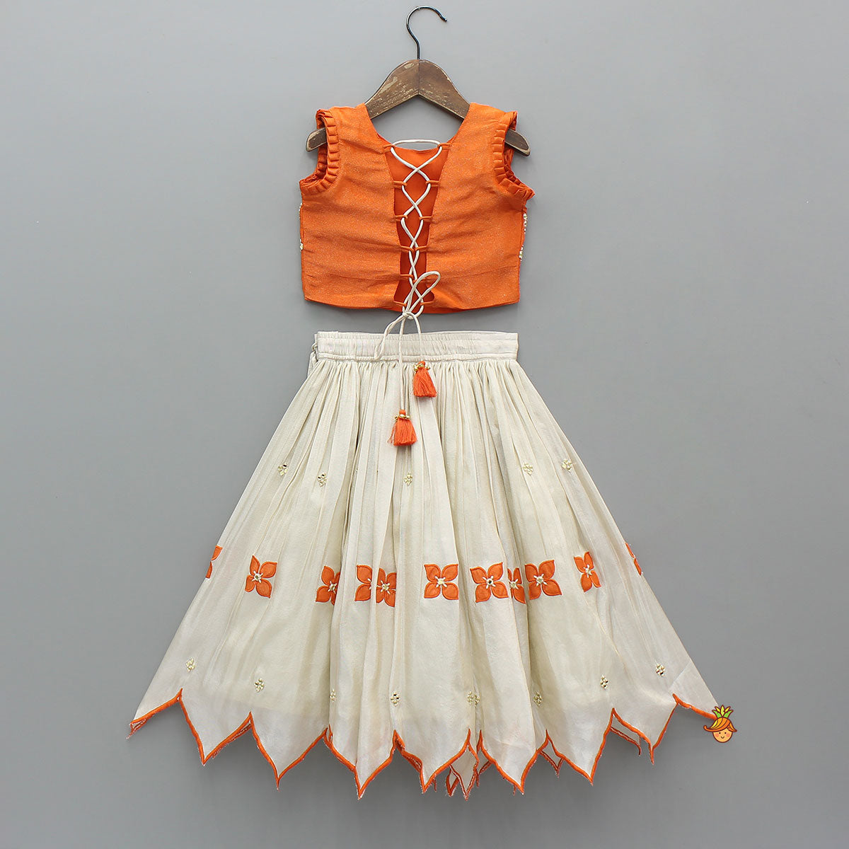 Shimmery Mirror Work Top With Floral Applique Lehenga