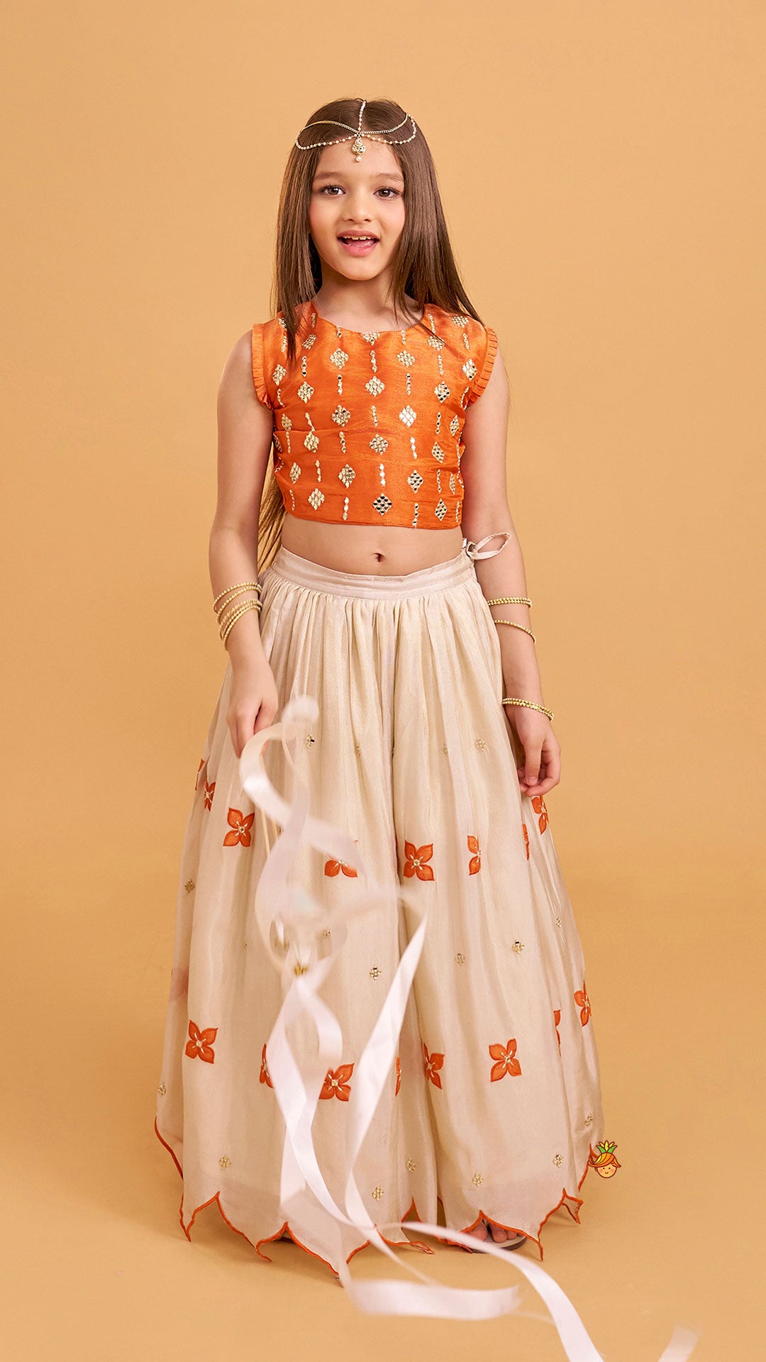 Shimmery Mirror Work Top With Floral Applique Lehenga