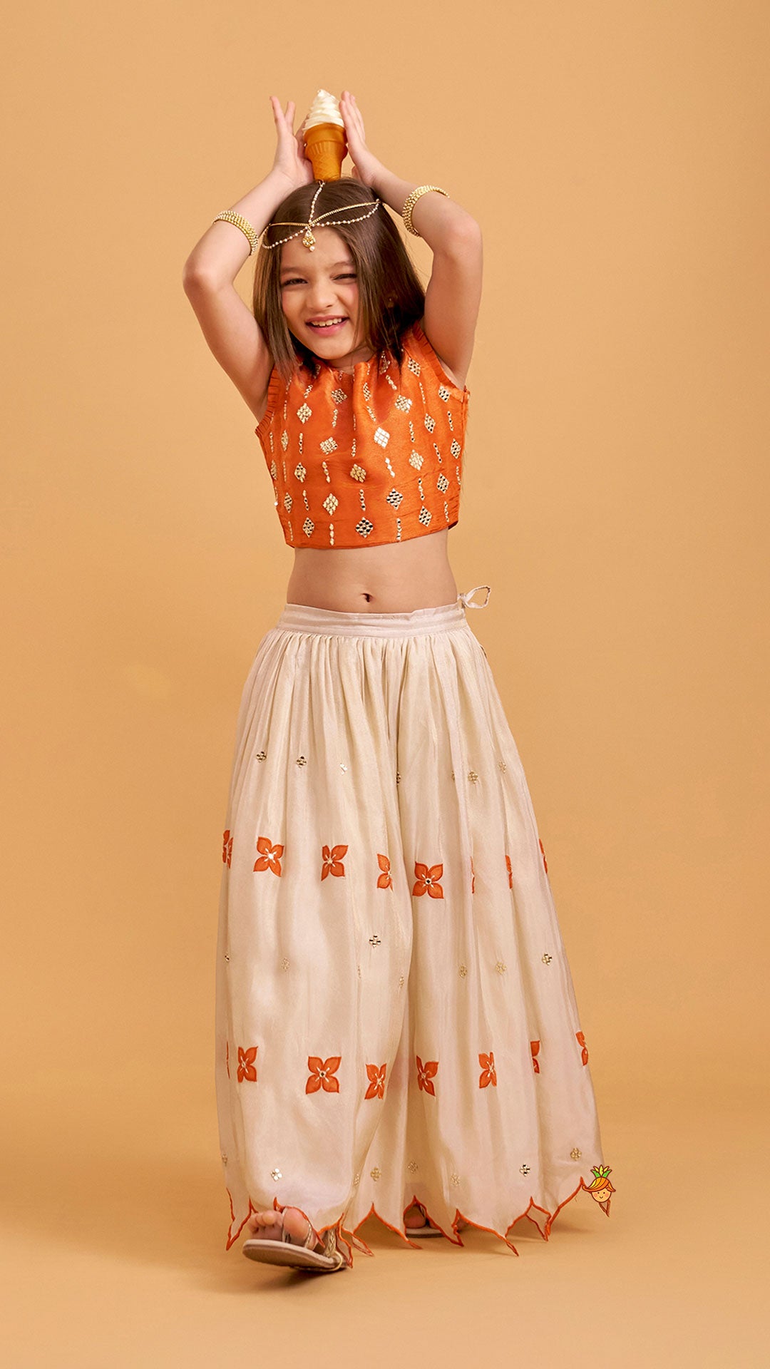 Shimmery Mirror Work Top With Floral Applique Lehenga