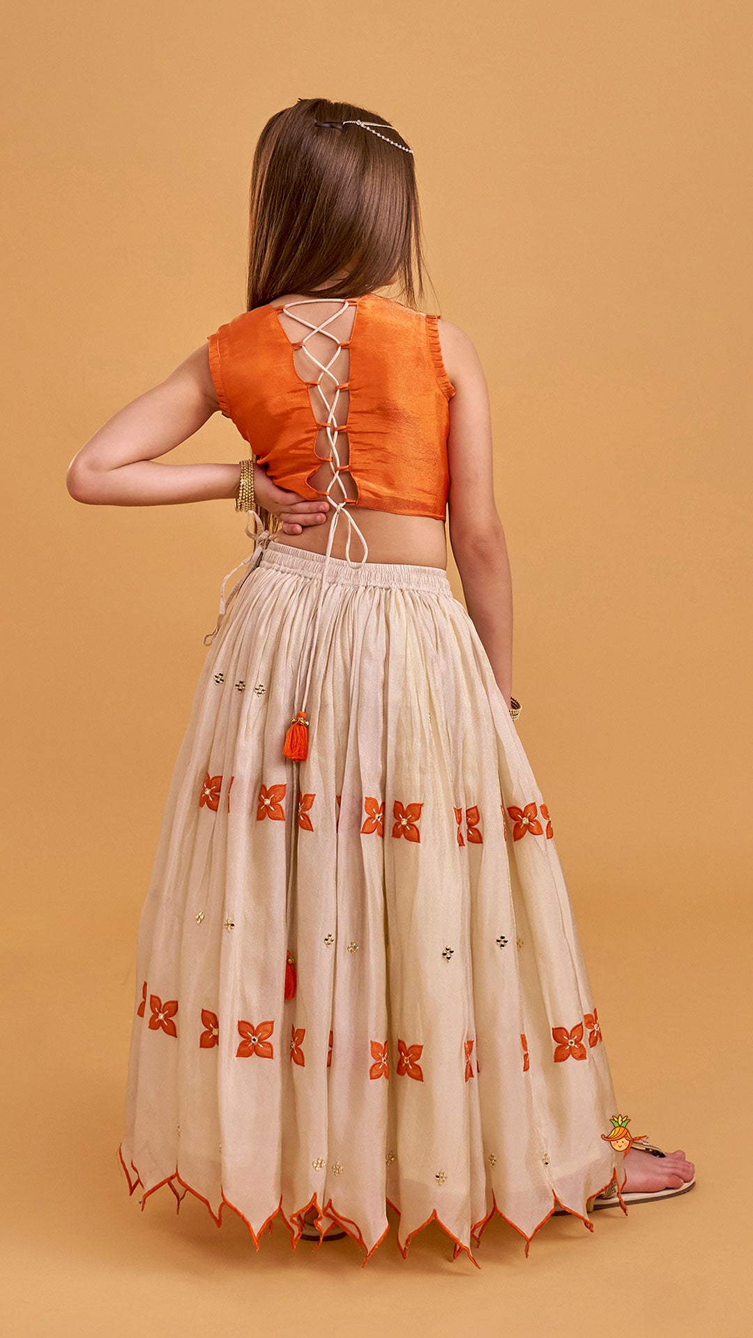 Shimmery Mirror Work Top With Floral Applique Lehenga