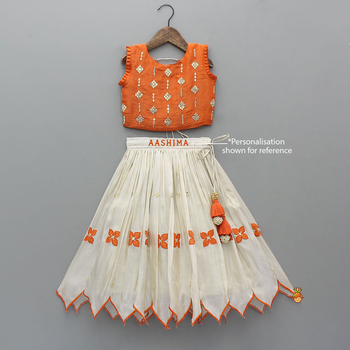 Shimmery Mirror Work Top With Floral Applique Lehenga