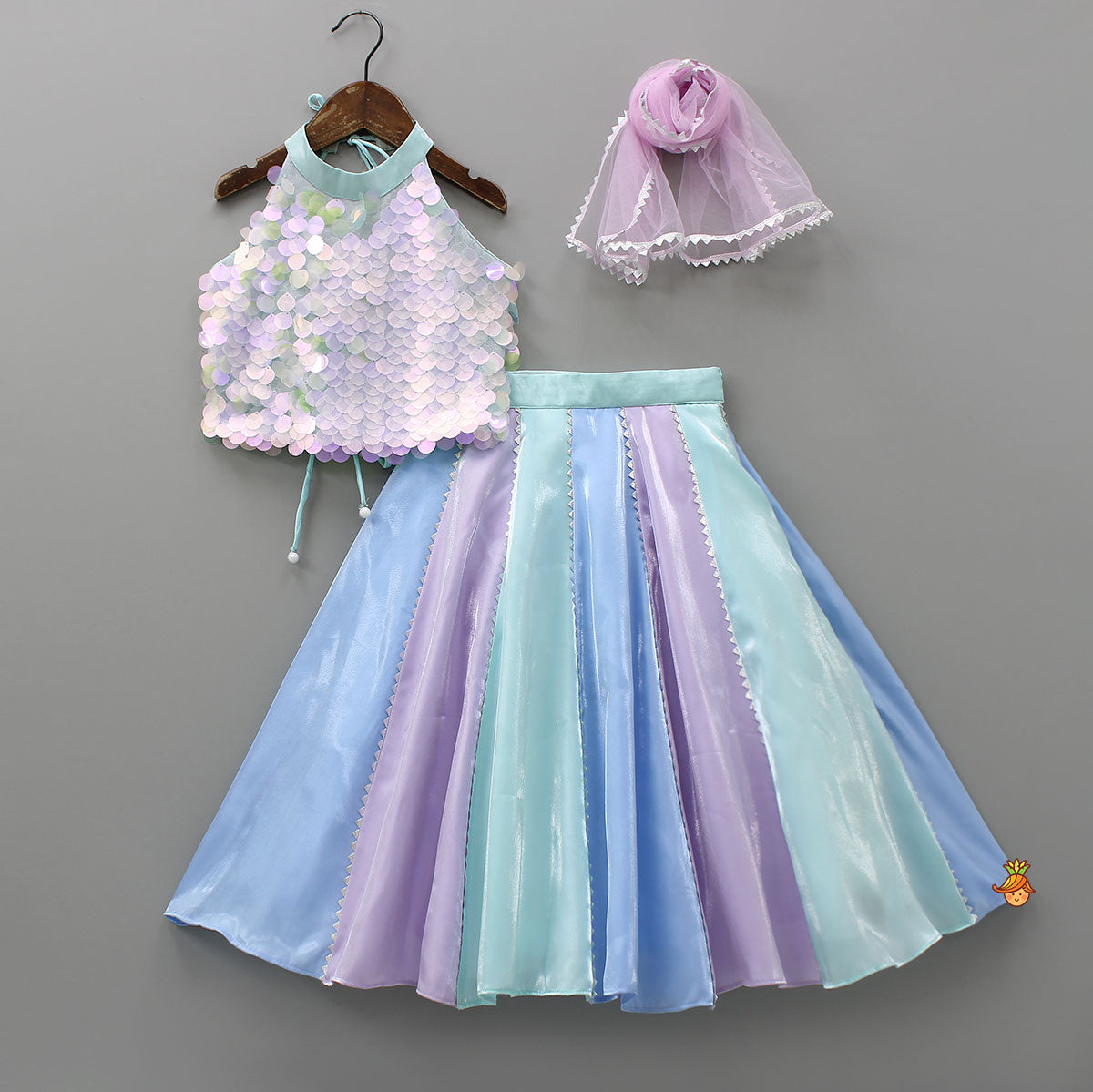 Sequined Halter Neck Top And Multicolour Lehenga With Net Dupatta