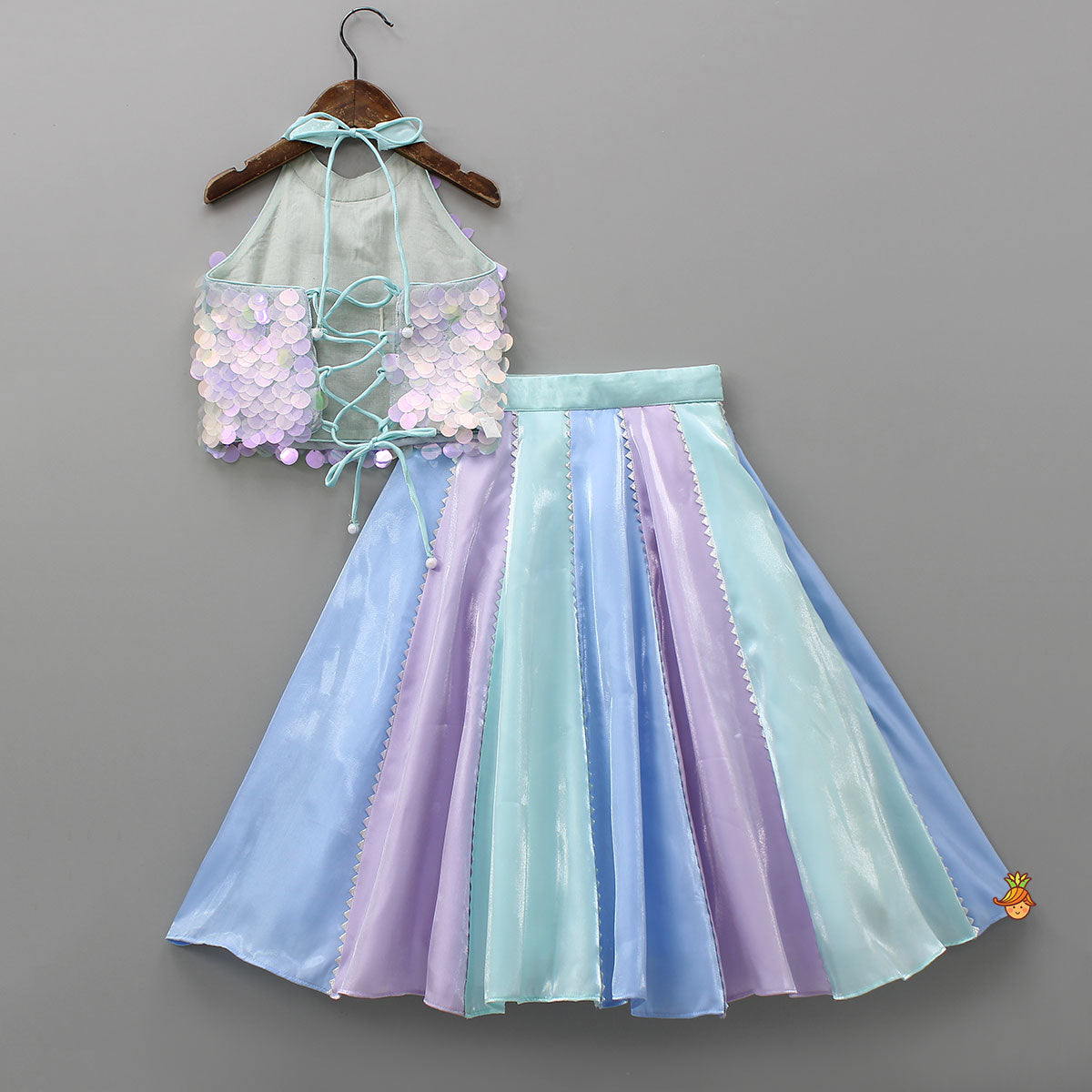 Sequined Halter Neck Top And Multicolour Lehenga With Net Dupatta