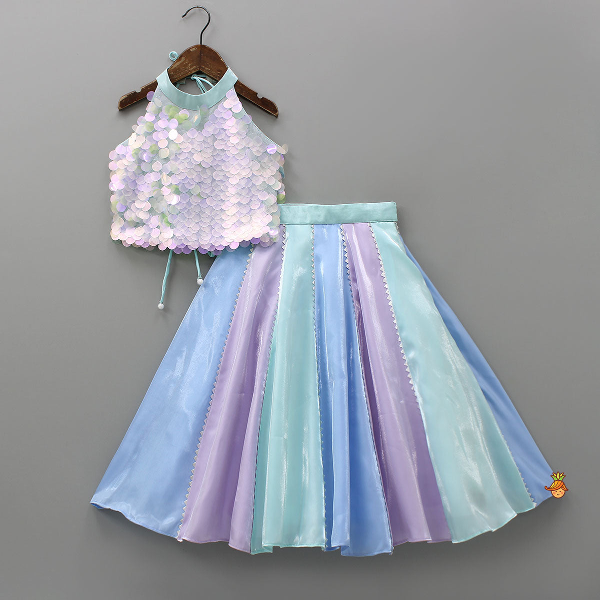 Sequined Halter Neck Top And Multicolour Lehenga With Net Dupatta