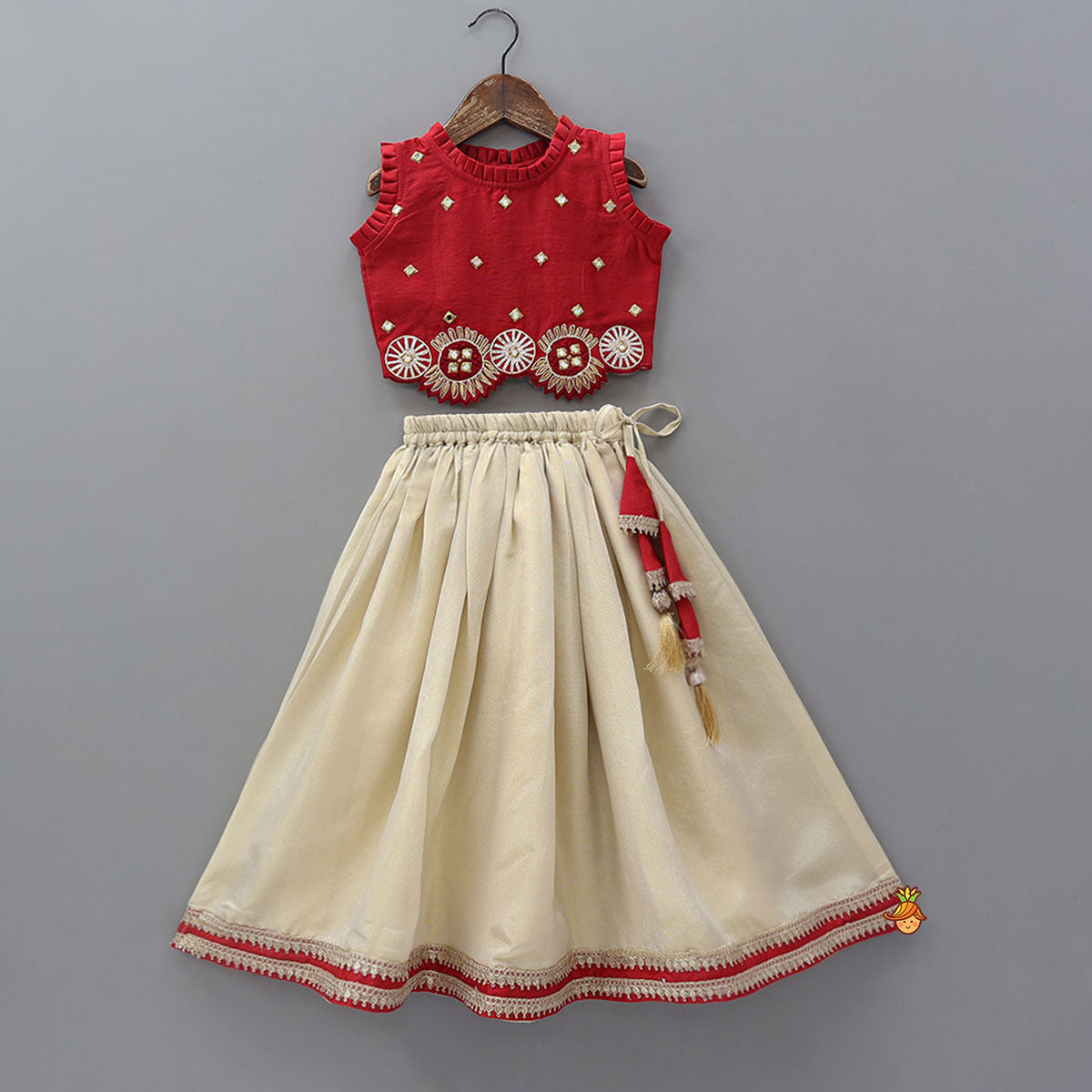 Mirror Work Pleated Crop Top And Shimmery Lehenga