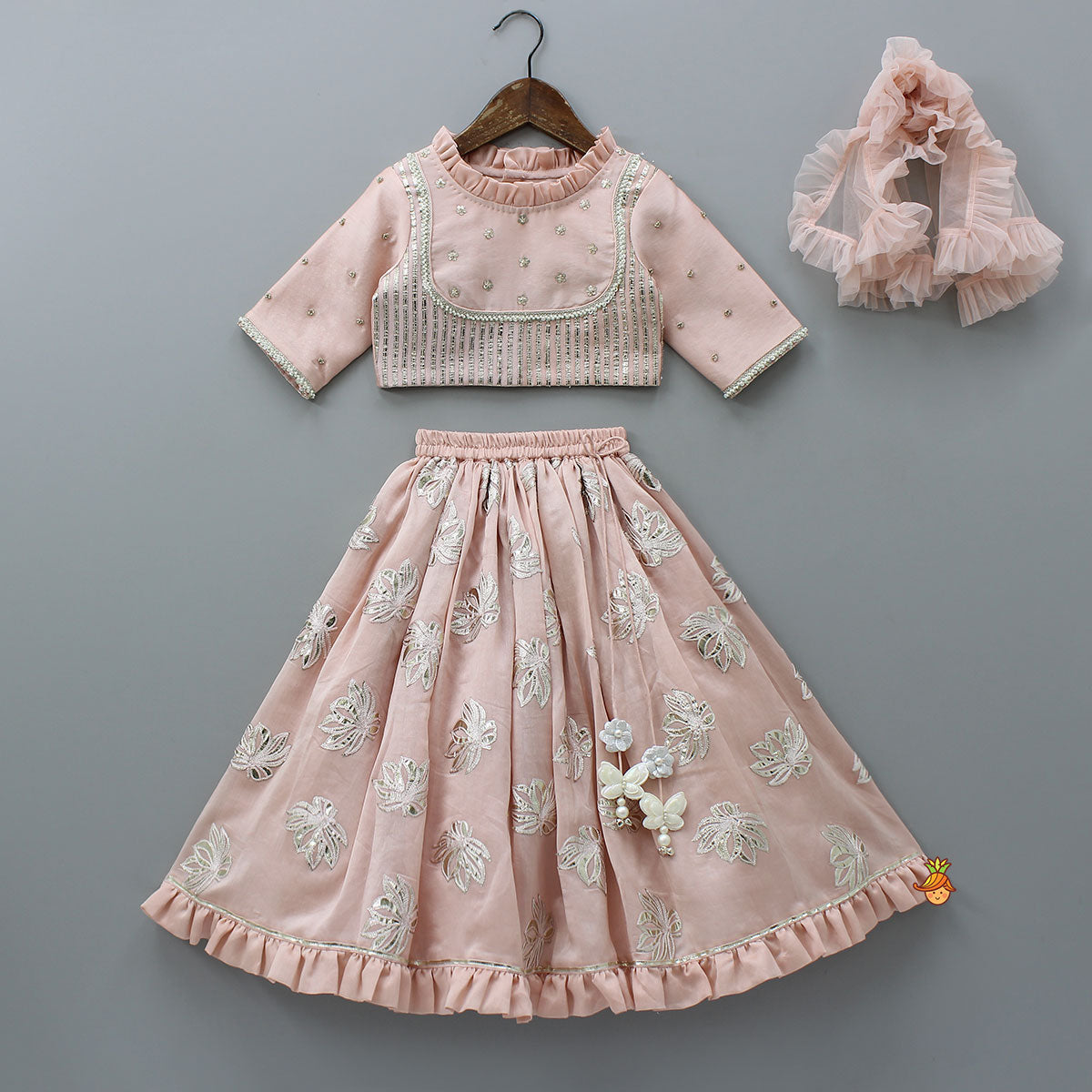 Frill-Enhanced Neckline Embroidered Top With Lehenga And Net Dupatta