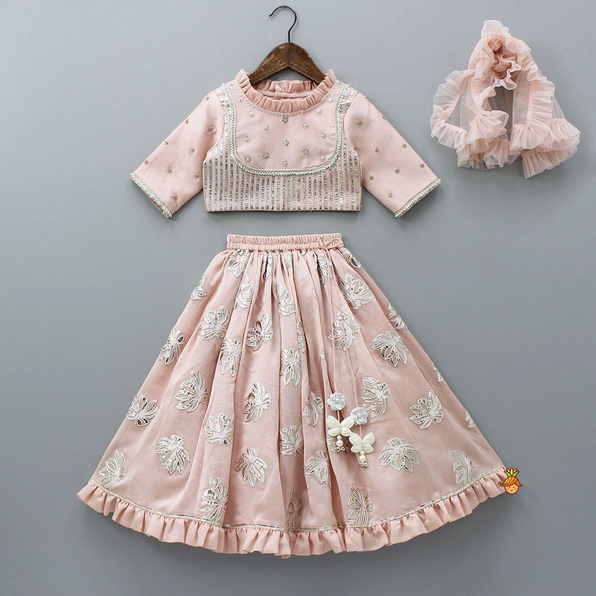 Frill-Enhanced Neckline Embroidered Top With Lehenga And Net Dupatta