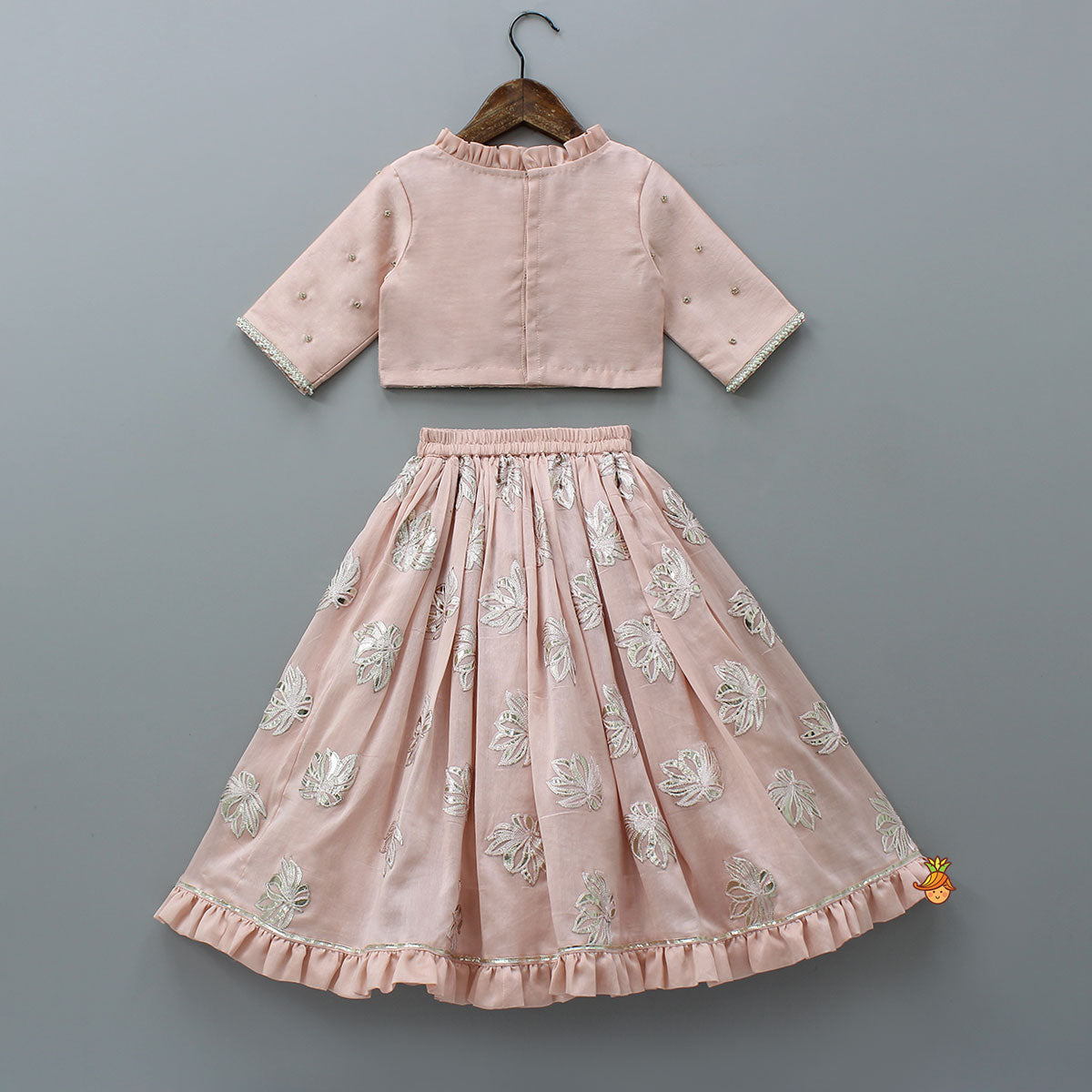 Frill-Enhanced Neckline Embroidered Top With Lehenga And Net Dupatta