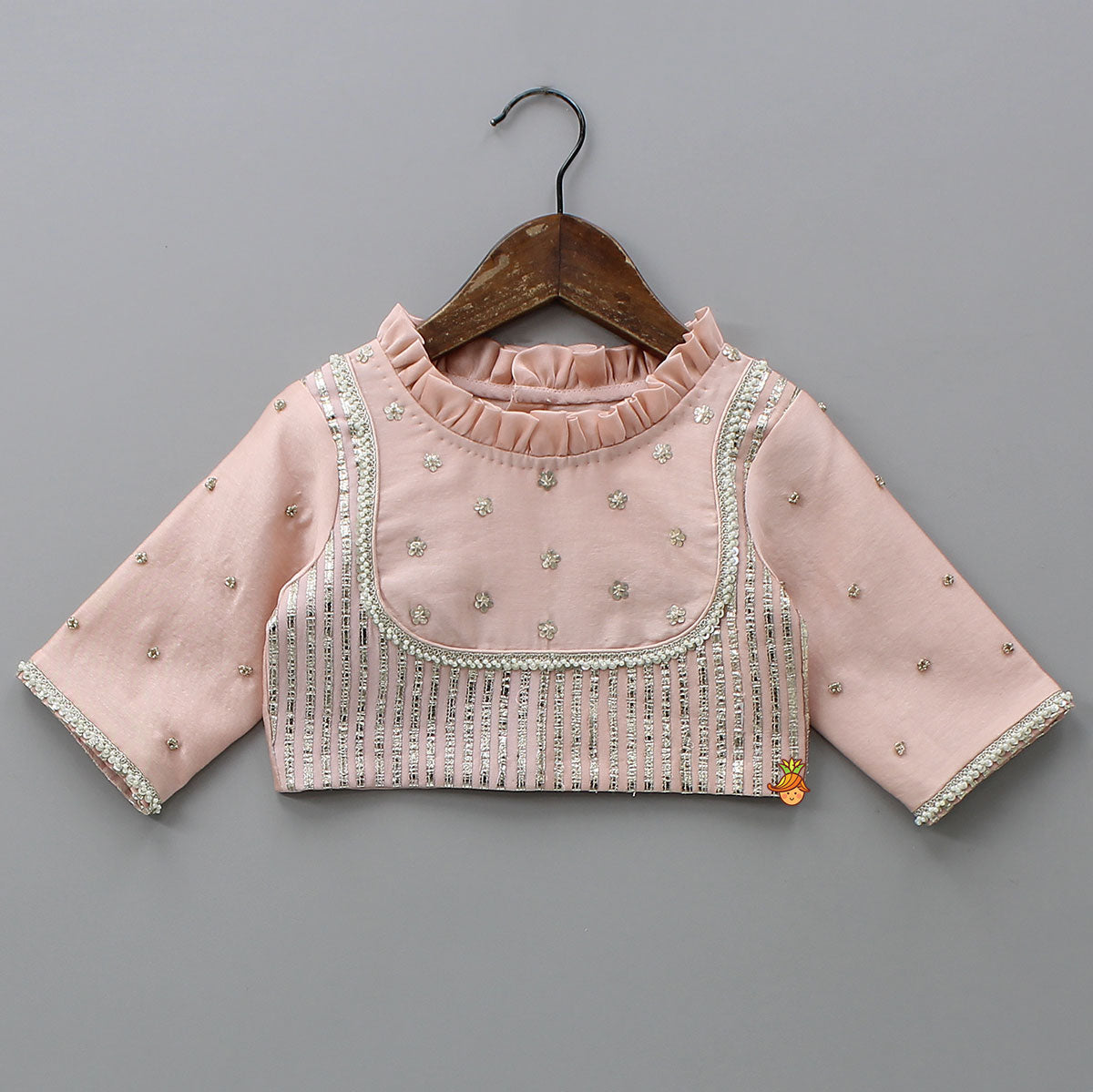 Frill-Enhanced Neckline Embroidered Top With Lehenga And Net Dupatta