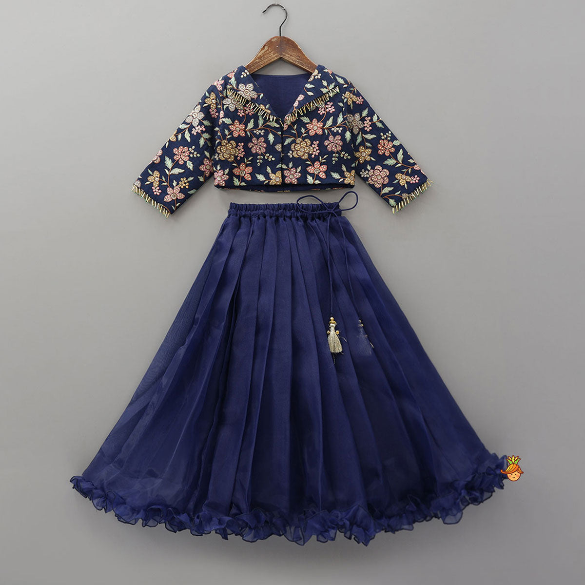 Inner Top With Front-Open Thread Embroidered Jacket And Pleated Lehenga