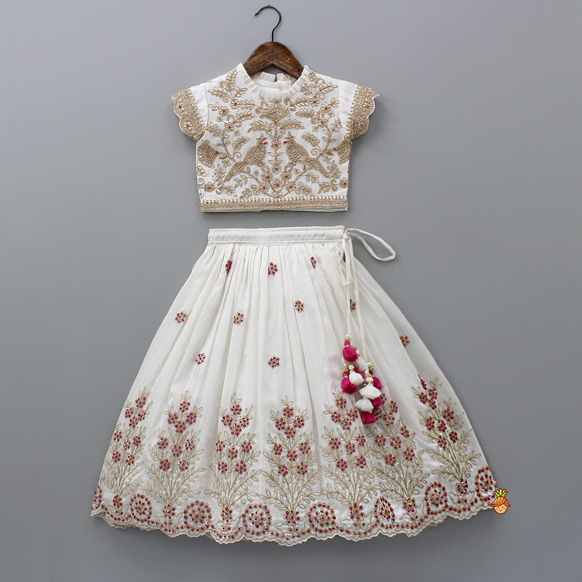 Pleated Neckline Heavily Embroidered Top With Lehenga